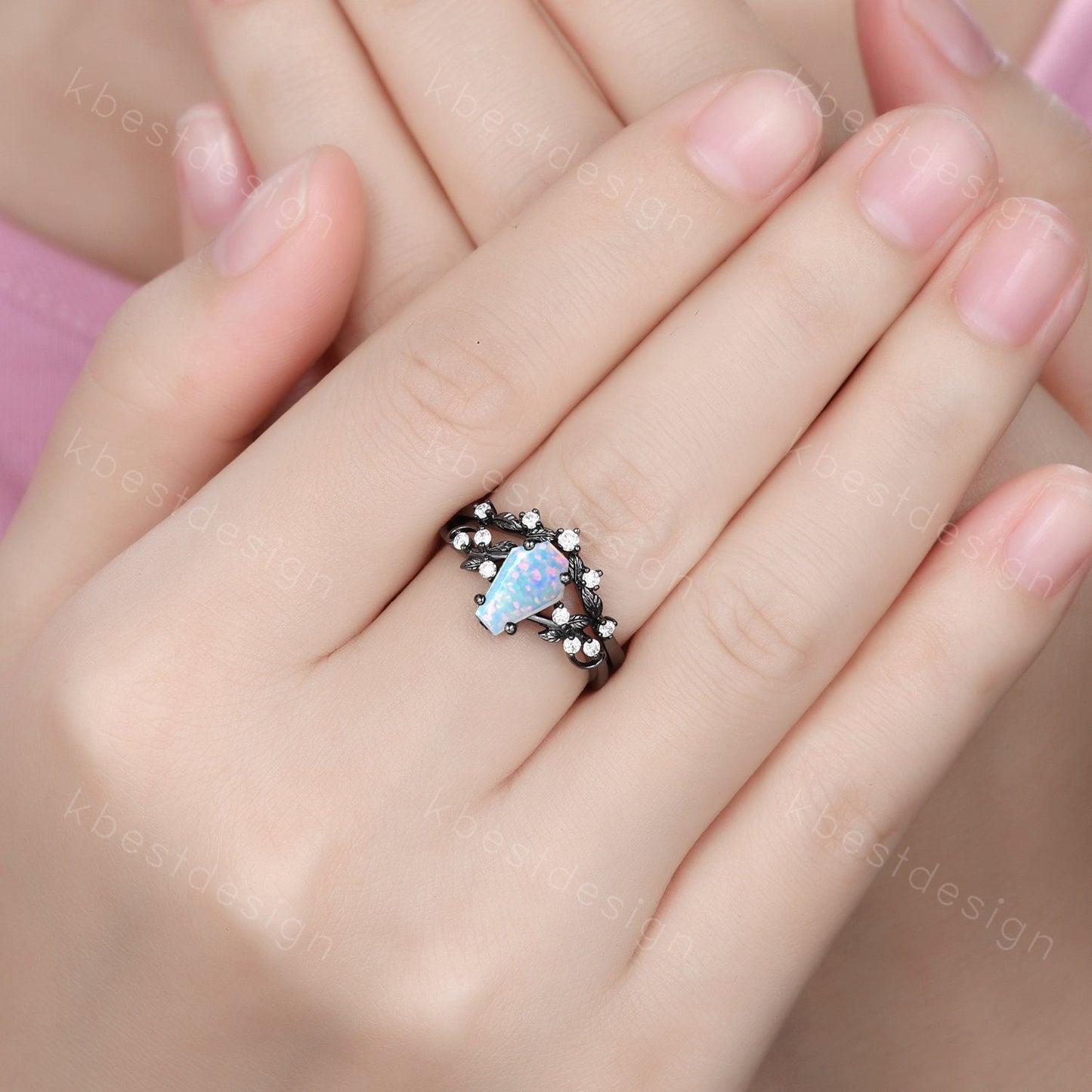 Vintage coffin white opal engagement ring set black gold twig leaf moissanite ring October birthstone ring unique bridal wedding ring set