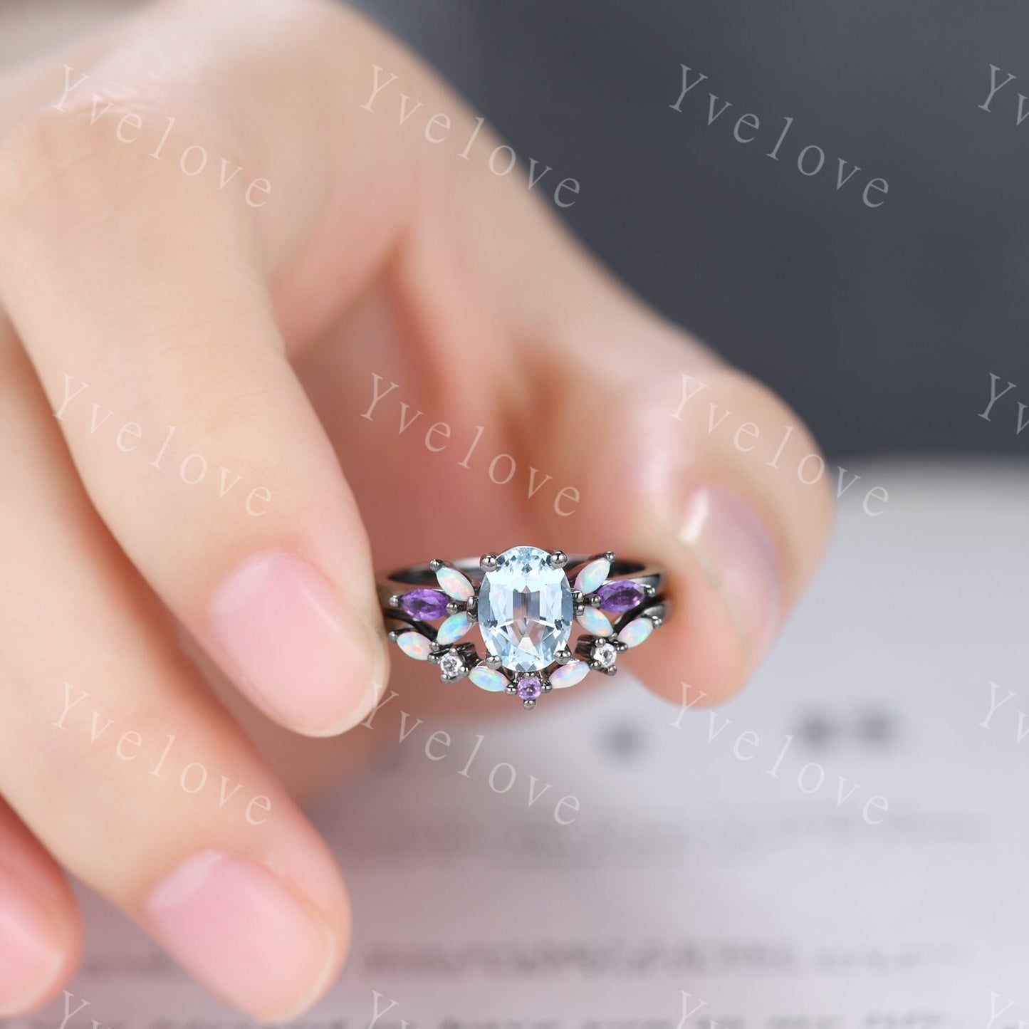 Vintage Blue Aquamarine Engagement Ring Black Gold Oval Cut Gem Bridal Ring Art deco Amethyst Opal stacking band women promise birthday gift