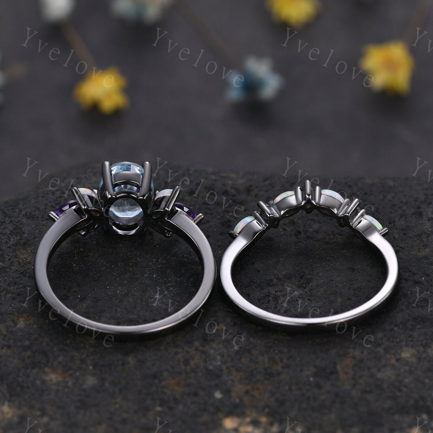 Vintage Aquamarine Engagement Ring set Unique Black Gold Oval Cut Bridal set Art deco Amethyst curved stacking band promise anniversary ring