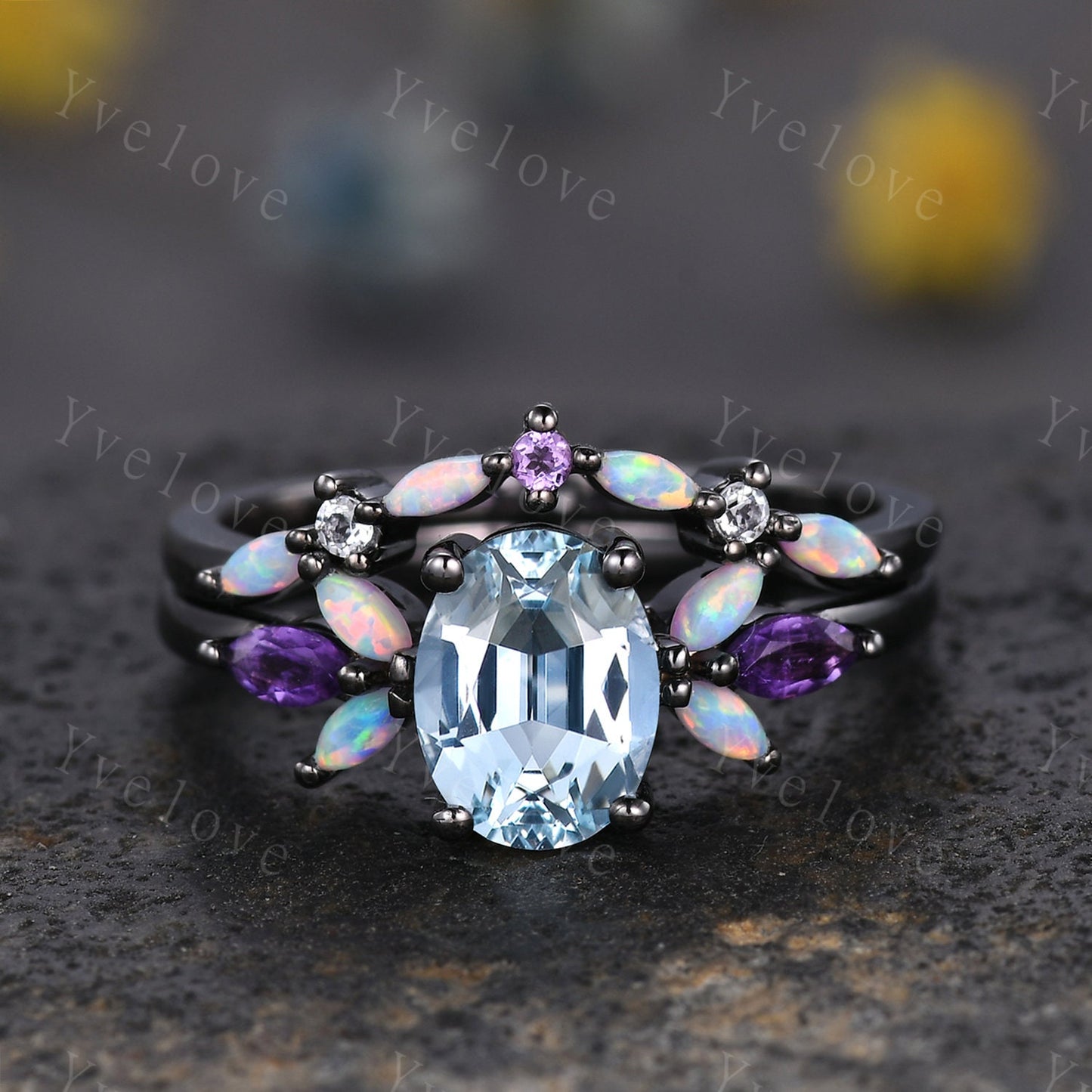 Vintage Aquamarine Engagement Ring set Unique Black Gold Oval Cut Bridal set Art deco Amethyst curved stacking band promise anniversary ring
