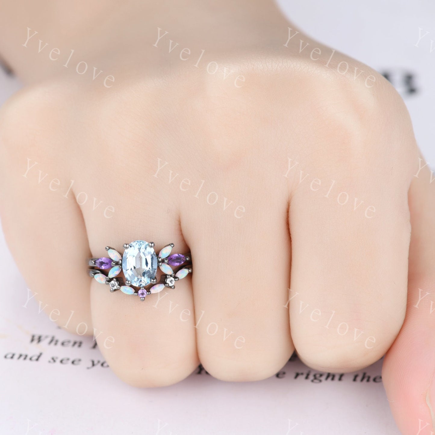 Vintage Blue Aquamarine Engagement Ring Black Gold Oval Cut Gem Bridal Ring Art deco Amethyst Opal stacking band women promise birthday gift