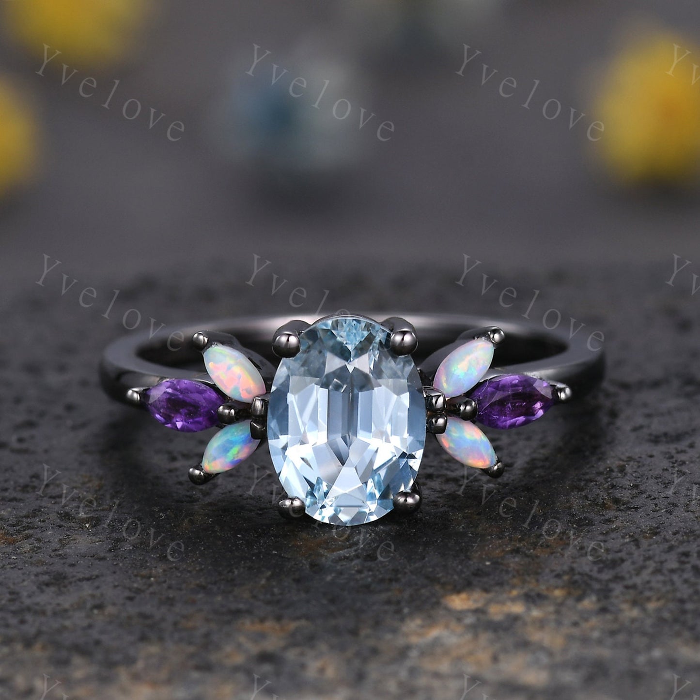Vintage Aquamarine Engagement Ring set Unique Black Gold Oval Cut Bridal set Art deco Amethyst curved stacking band promise anniversary ring