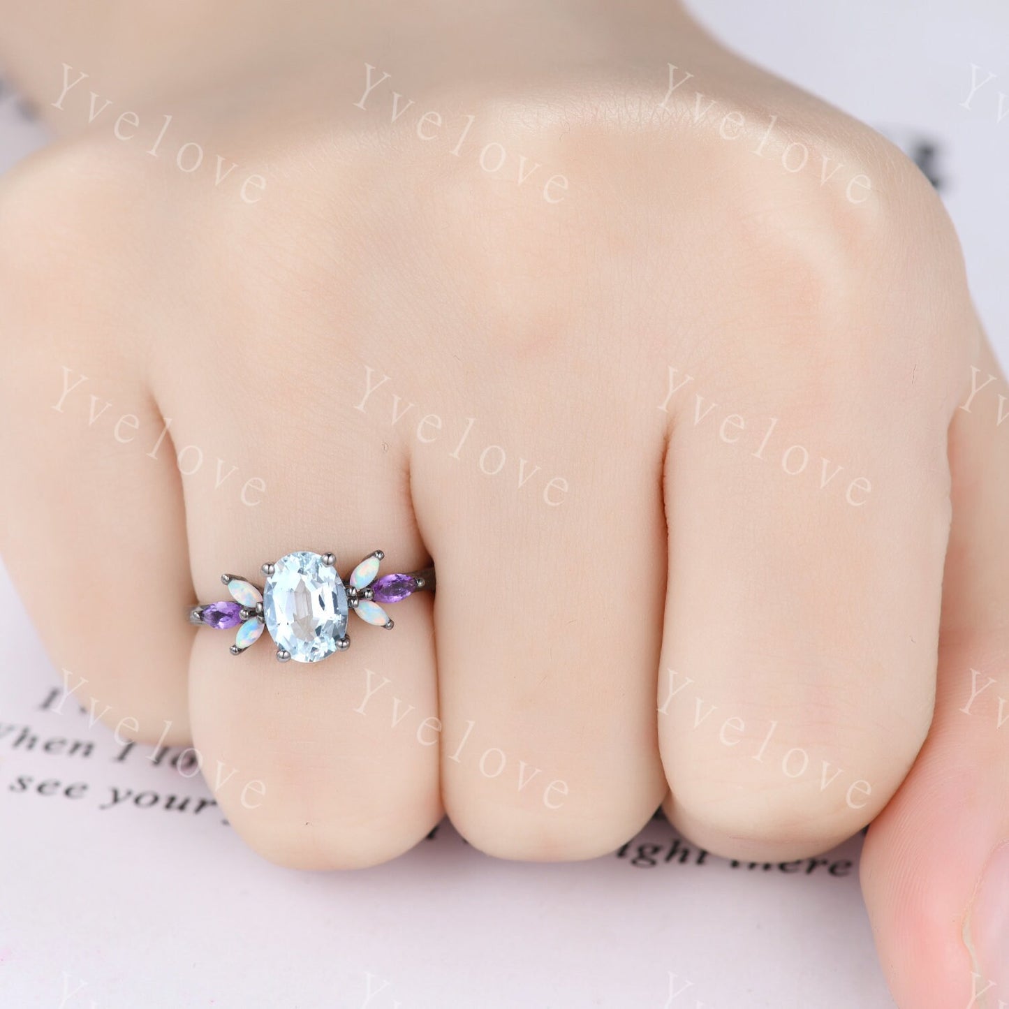 Vintage Aquamarine Engagement Ring set Unique Black Gold Oval Cut Bridal set Art deco Amethyst curved stacking band promise anniversary ring