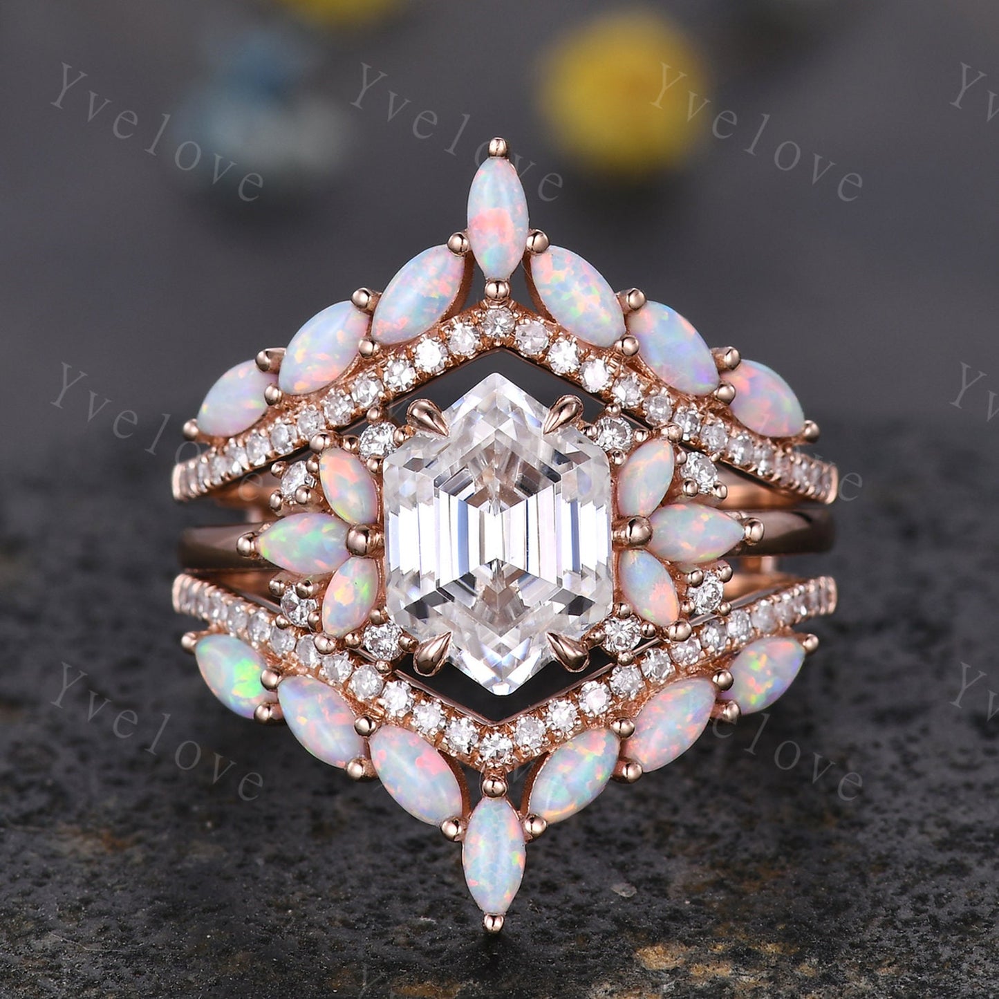 Unique White Opal ring,Opal wedding band,Marquise opal enhancer ring,Curved V stacking matching band,Moissanite ring,White gold ring,Custom