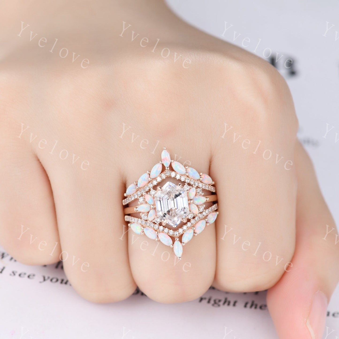 Vintage Hexagon Moissanite Opal engagement ring set,Unique Marquise Opal enhancer band,Rose Gold,Women Bridal Wedding Band,Statement Ring