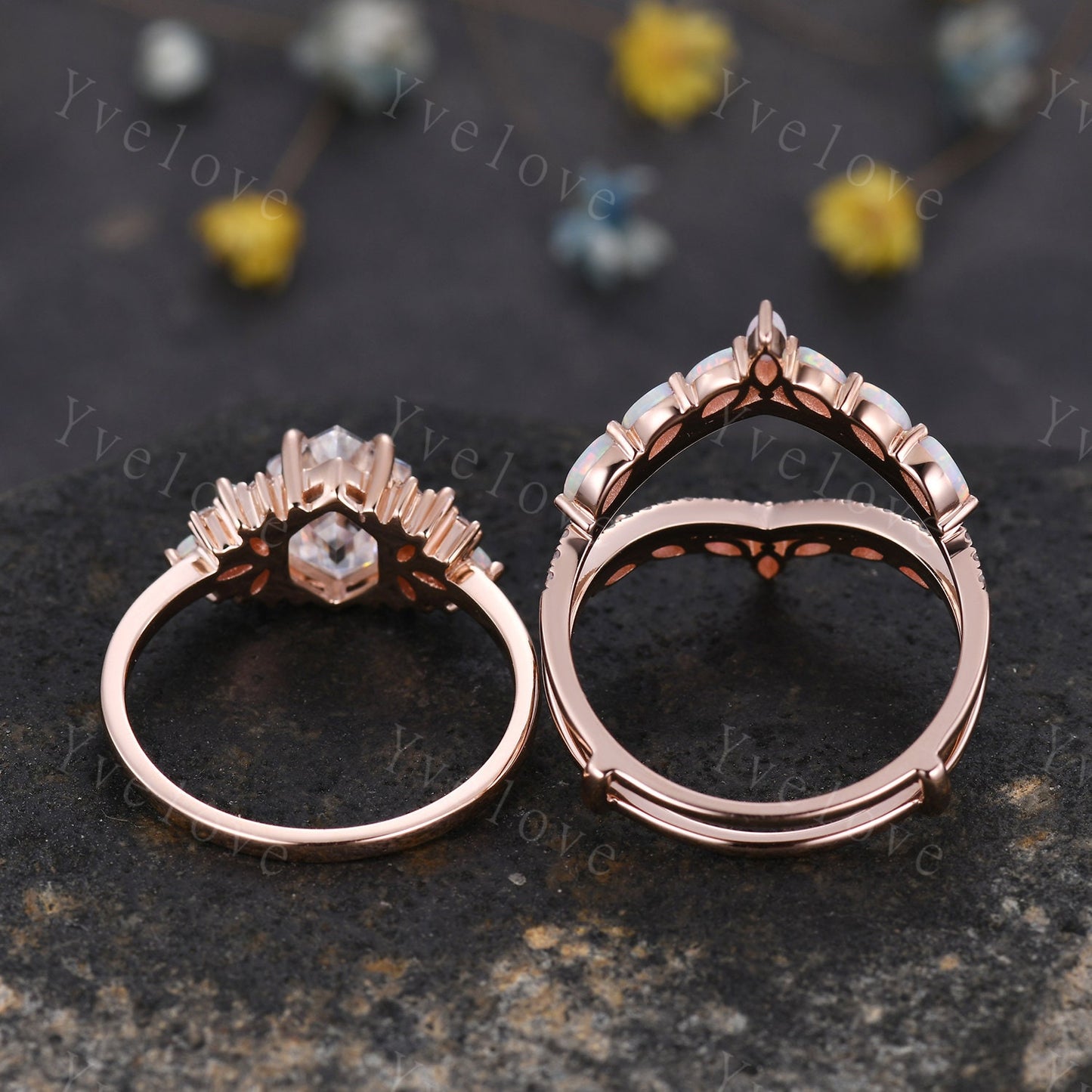 Vintage Hexagon Moissanite Opal engagement ring set,Unique Marquise Opal enhancer band,Rose Gold,Women Bridal Wedding Band,Statement Ring