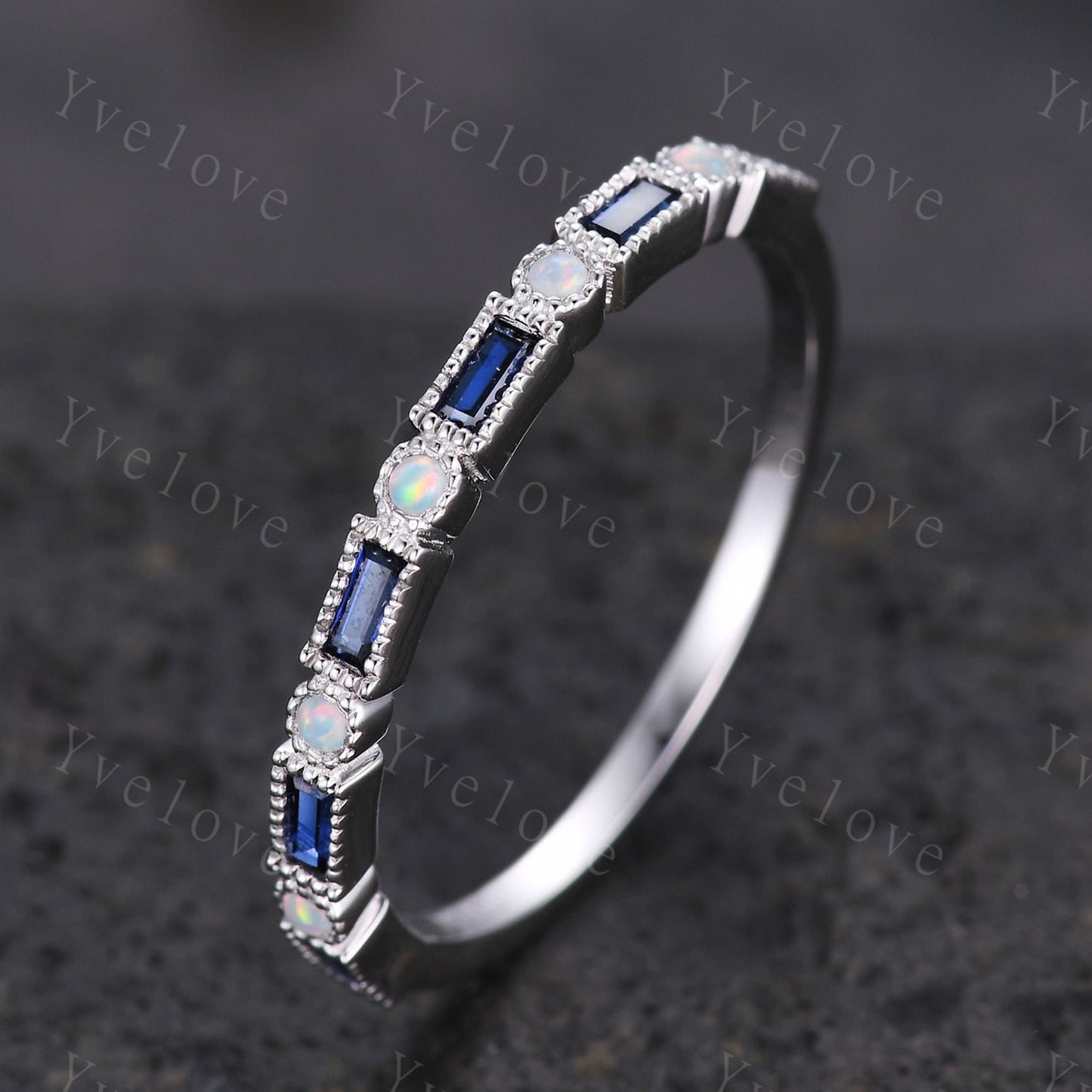 Unique Sapphire opal wedding band baguette cut sapphire white opal engagement ring vintage stacking Band sterling silver promise ring gift
