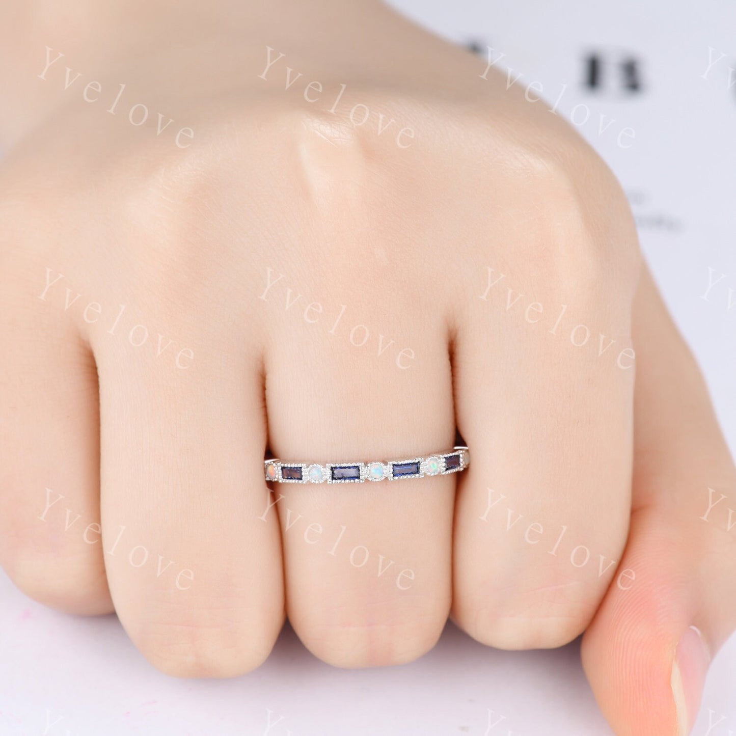 Unique Sapphire opal wedding band baguette cut sapphire white opal engagement ring vintage stacking Band sterling silver promise ring gift