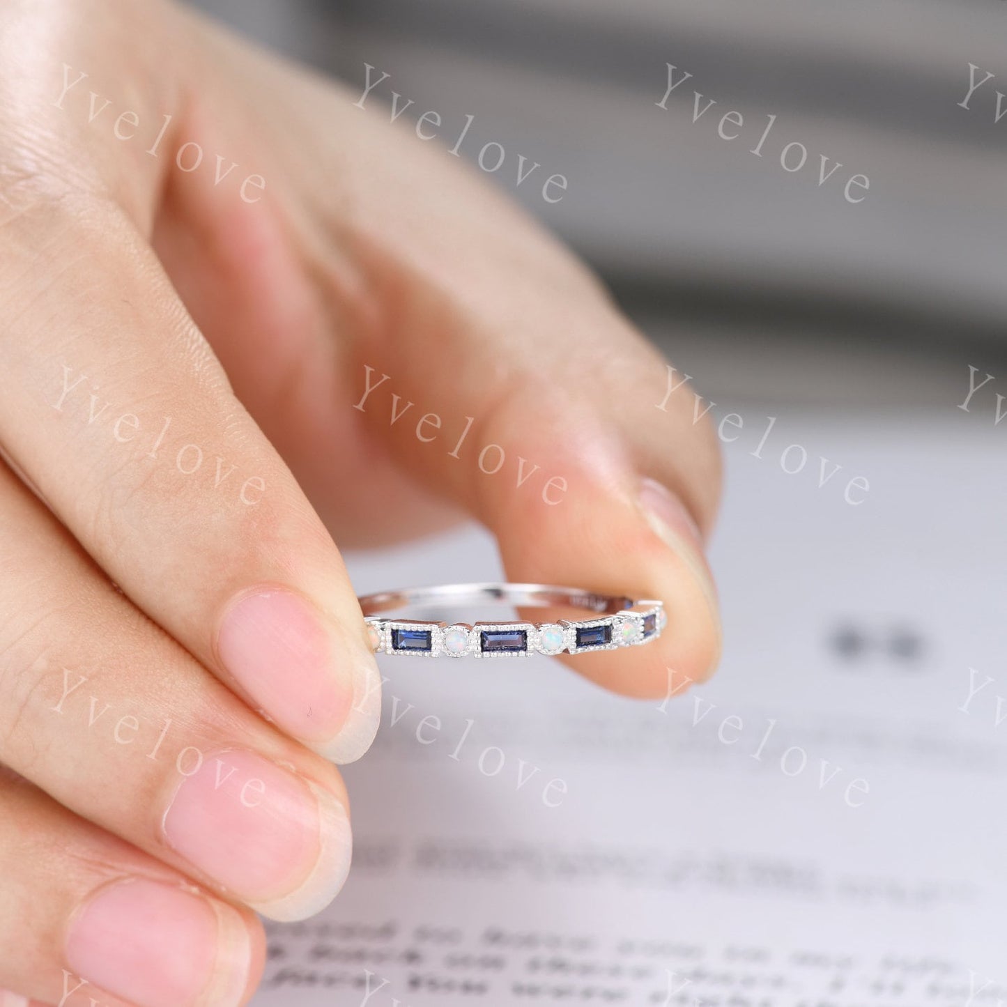 Unique Sapphire opal wedding band baguette cut sapphire white opal engagement ring vintage stacking Band sterling silver promise ring gift