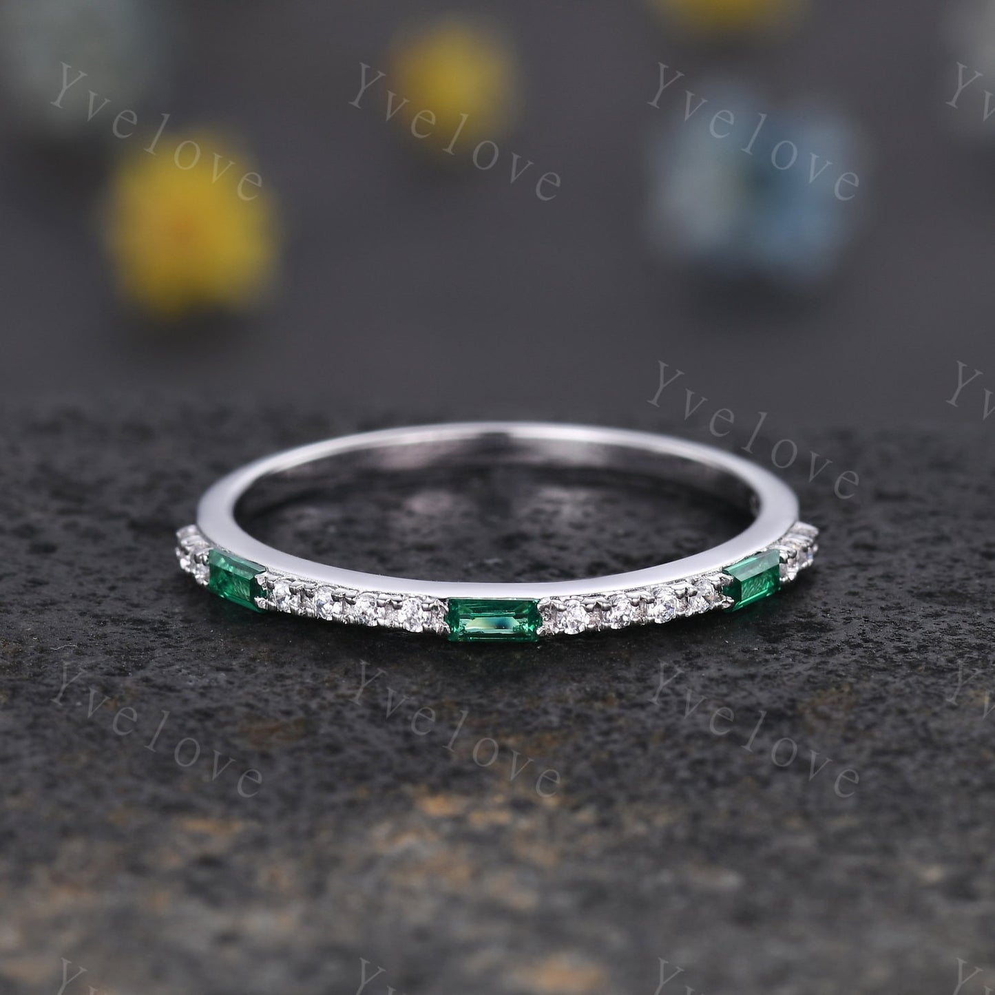 Emerald Ring,Minimalist Stackable Band,Baguette Emerald Diamond Wedding Ring,Half Eternity Wedding Band,Anniversary Stacking Ring,Custom