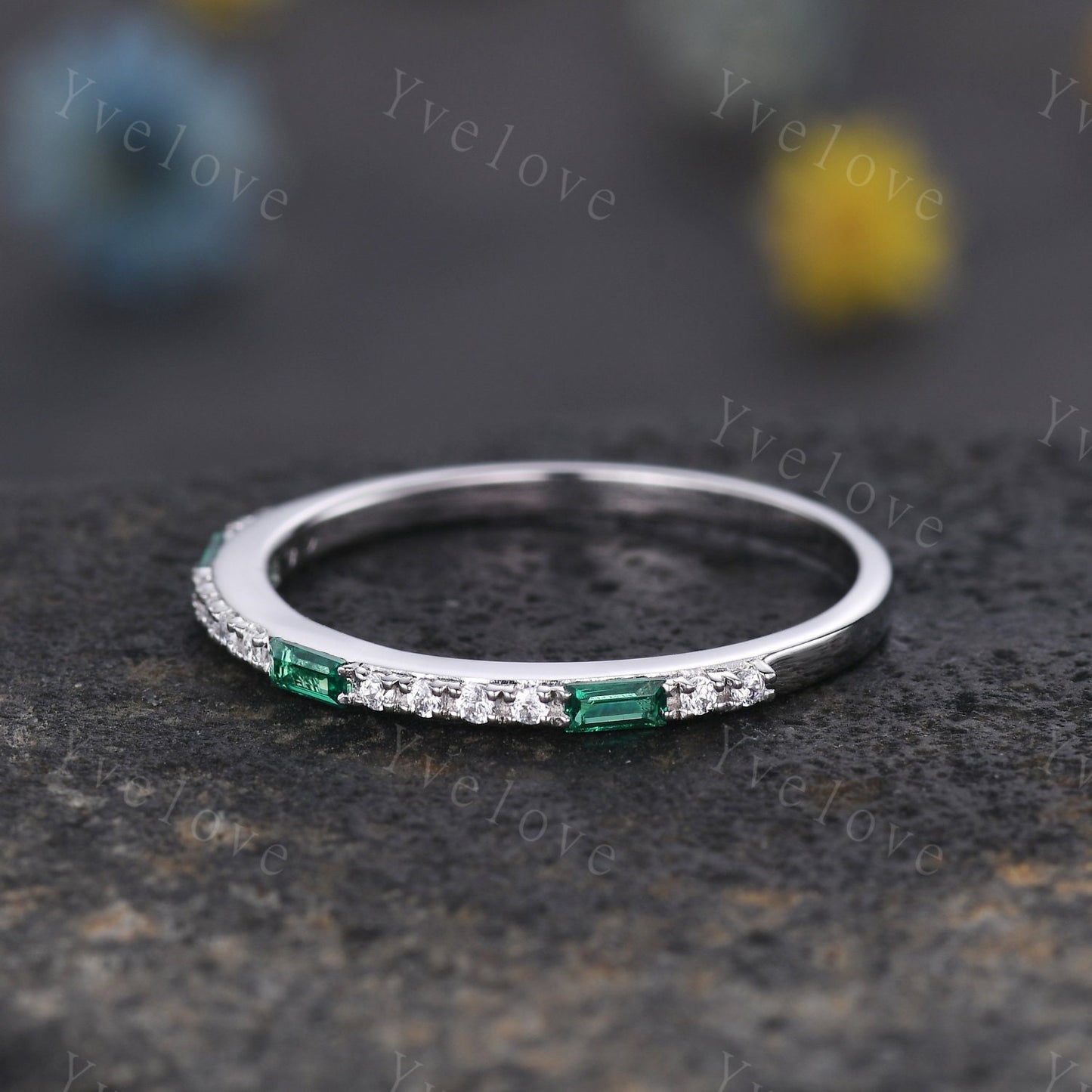 Emerald Ring,Minimalist Stackable Band,Baguette Emerald Diamond Wedding Ring,Half Eternity Wedding Band,Anniversary Stacking Ring,Custom