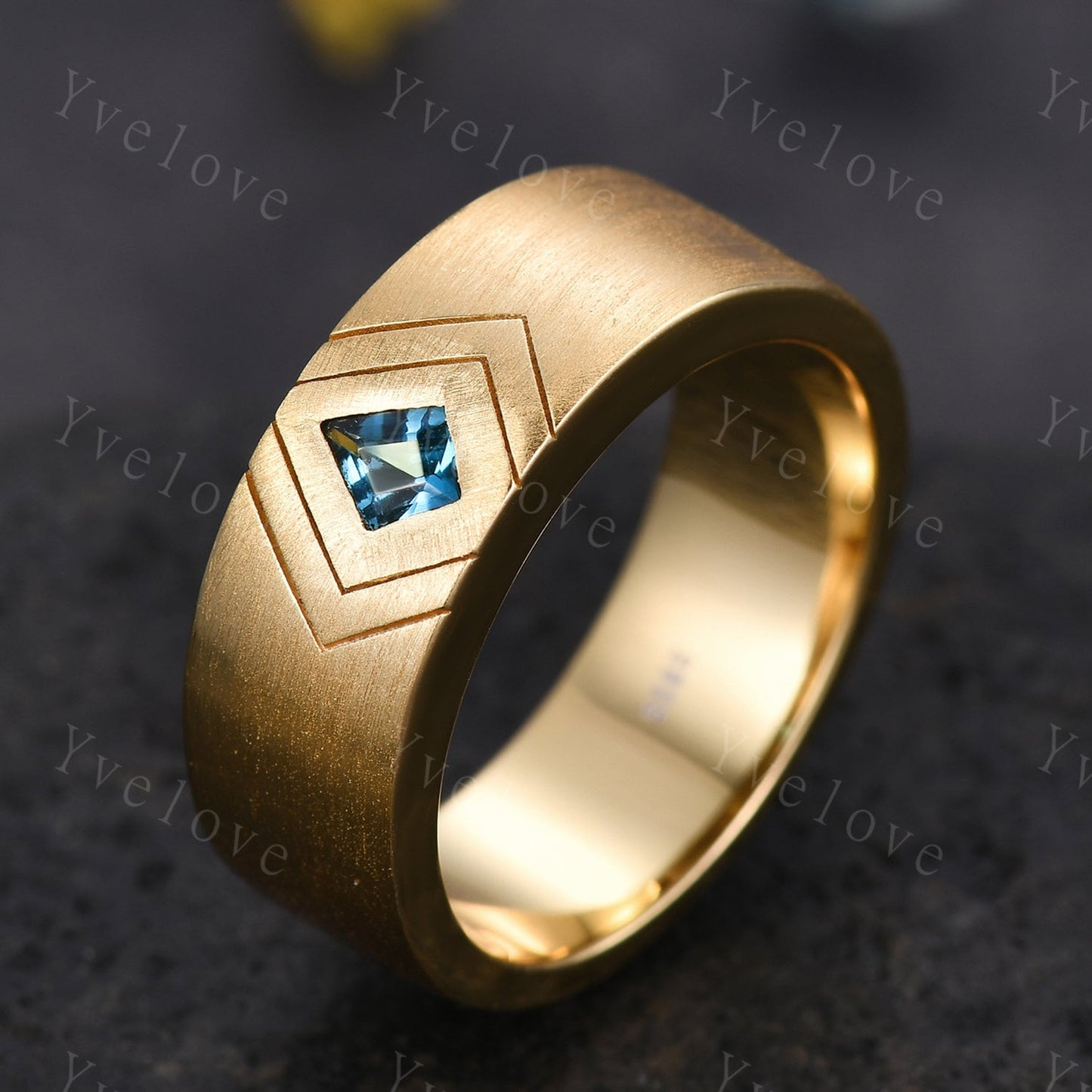 7mm Solid Gold Mens Kite Cut London Blue Topaz Wedding Band Topaz Engagement Ring Matte Finished Band Mens Stacking Band His Wedding band