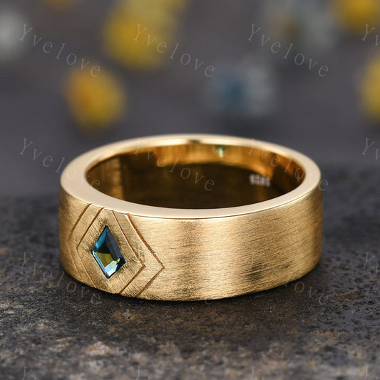 7mm Solid Gold Mens Kite Cut London Blue Topaz Wedding Band Topaz Engagement Ring Matte Finished Band Mens Stacking Band His Wedding band