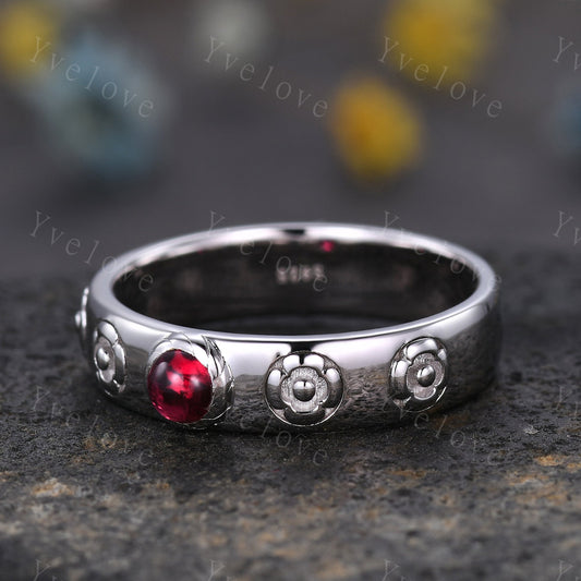 Howls Moving Castle Ring 4mm Round Natural Red Ruby Wedding Band S925 Silver Ring Howl's Ring Sophie's Ring Stacking Matching Band Gift