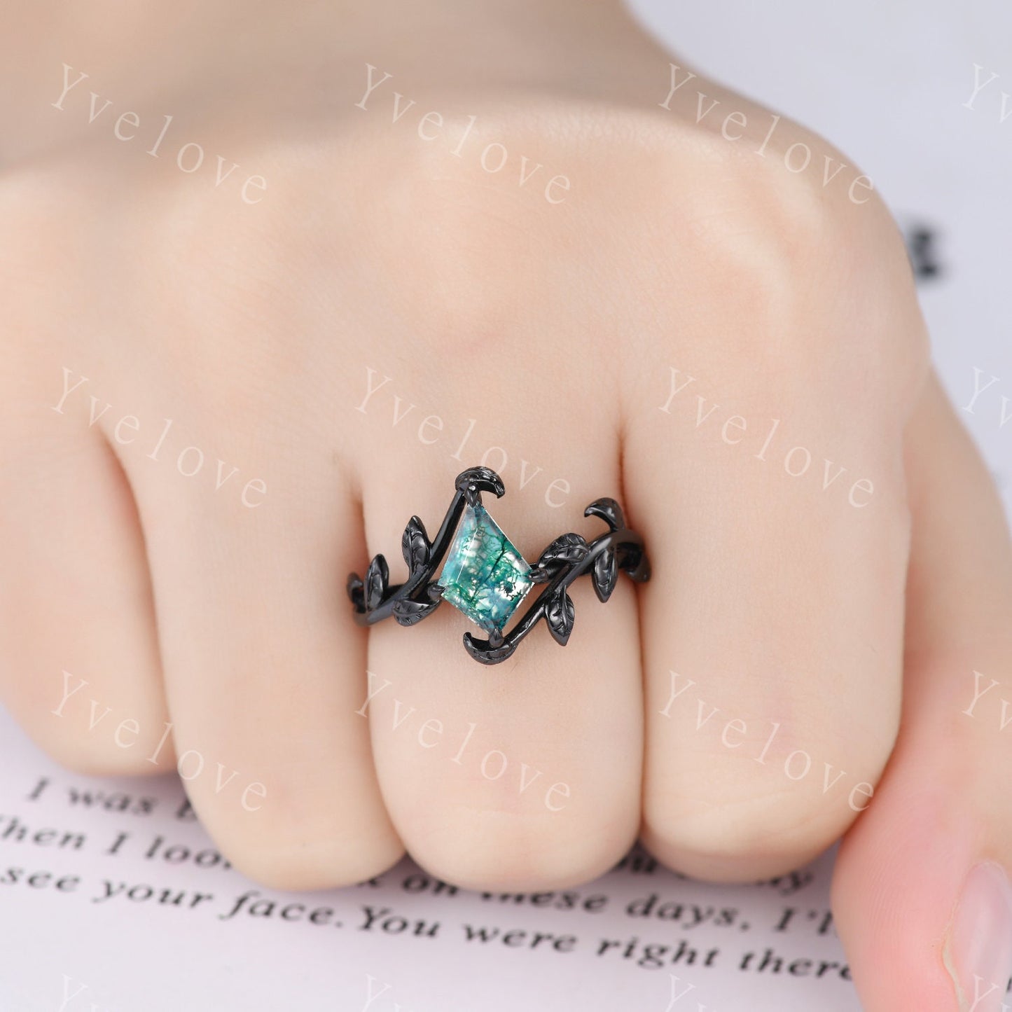 Art Deco Kite Moss Agate Ring,Vintage Twig Vine Leaf Ring,Unique Moss Agate Engagement Ring,Alexandrite Ring,Promise Anniversary Bridal Ring