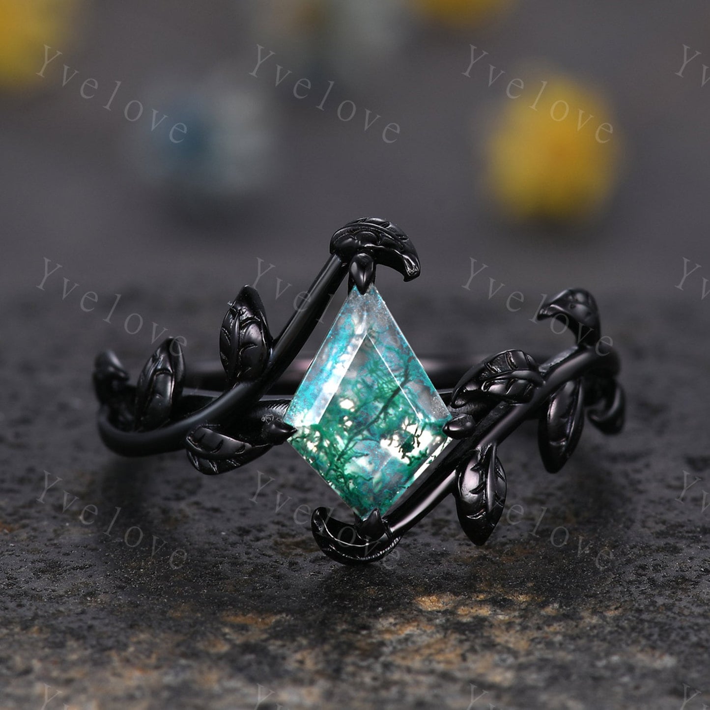 Art Deco Kite Moss Agate Ring,Vintage Twig Vine Leaf Ring,Unique Moss Agate Engagement Ring,Alexandrite Ring,Promise Anniversary Bridal Ring