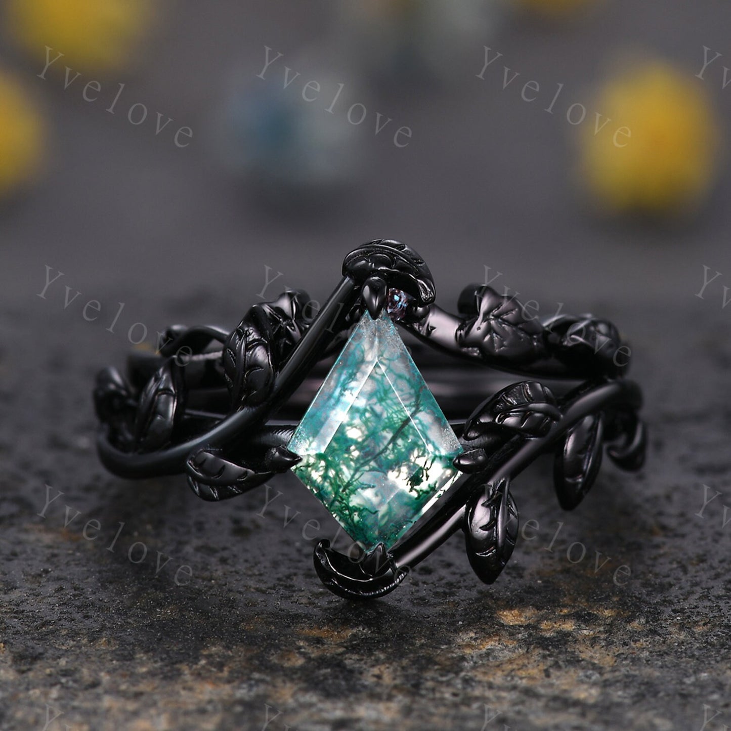 Art Deco Kite Moss Agate Ring,Vintage Twig Vine Leaf Ring,Unique Moss Agate Engagement Ring,Alexandrite Ring,Promise Anniversary Bridal Ring