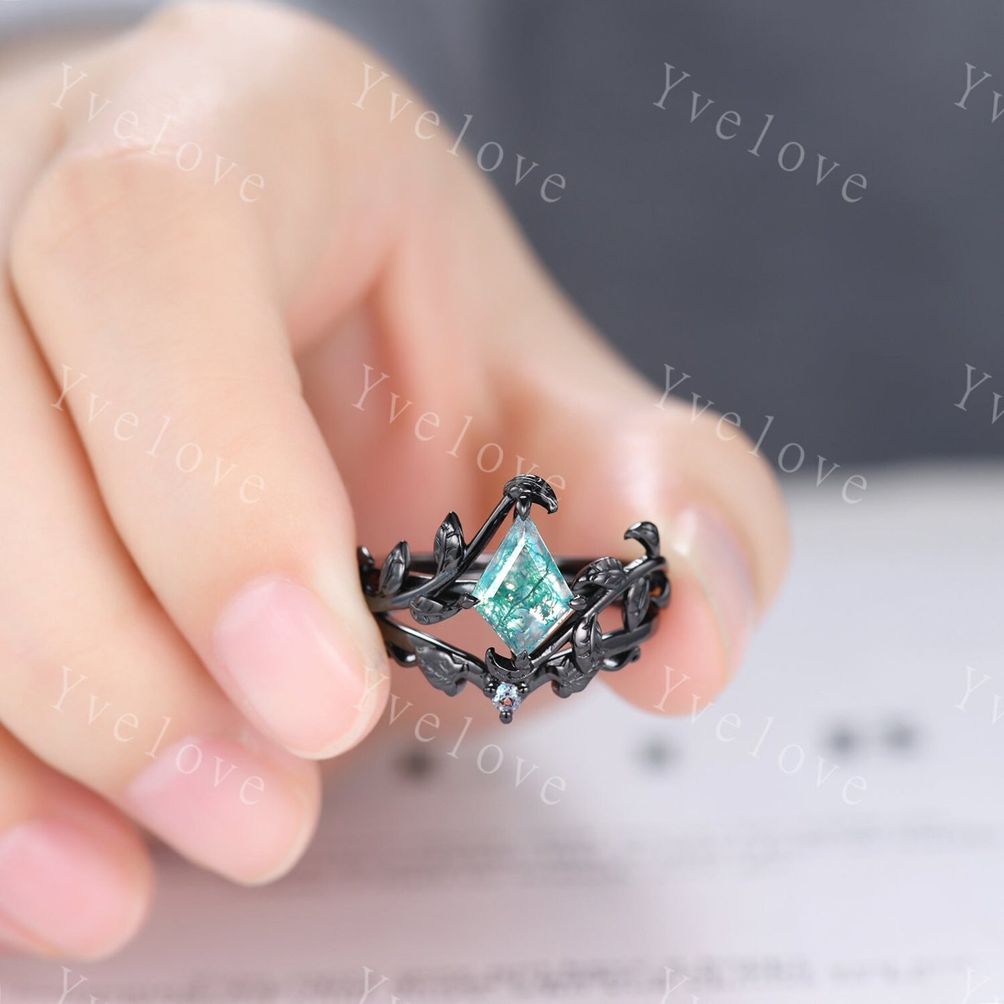 Art Deco Kite Moss Agate Ring,Vintage Twig Vine Leaf Ring,Unique Moss Agate Engagement Ring,Alexandrite Ring,Promise Anniversary Bridal Ring