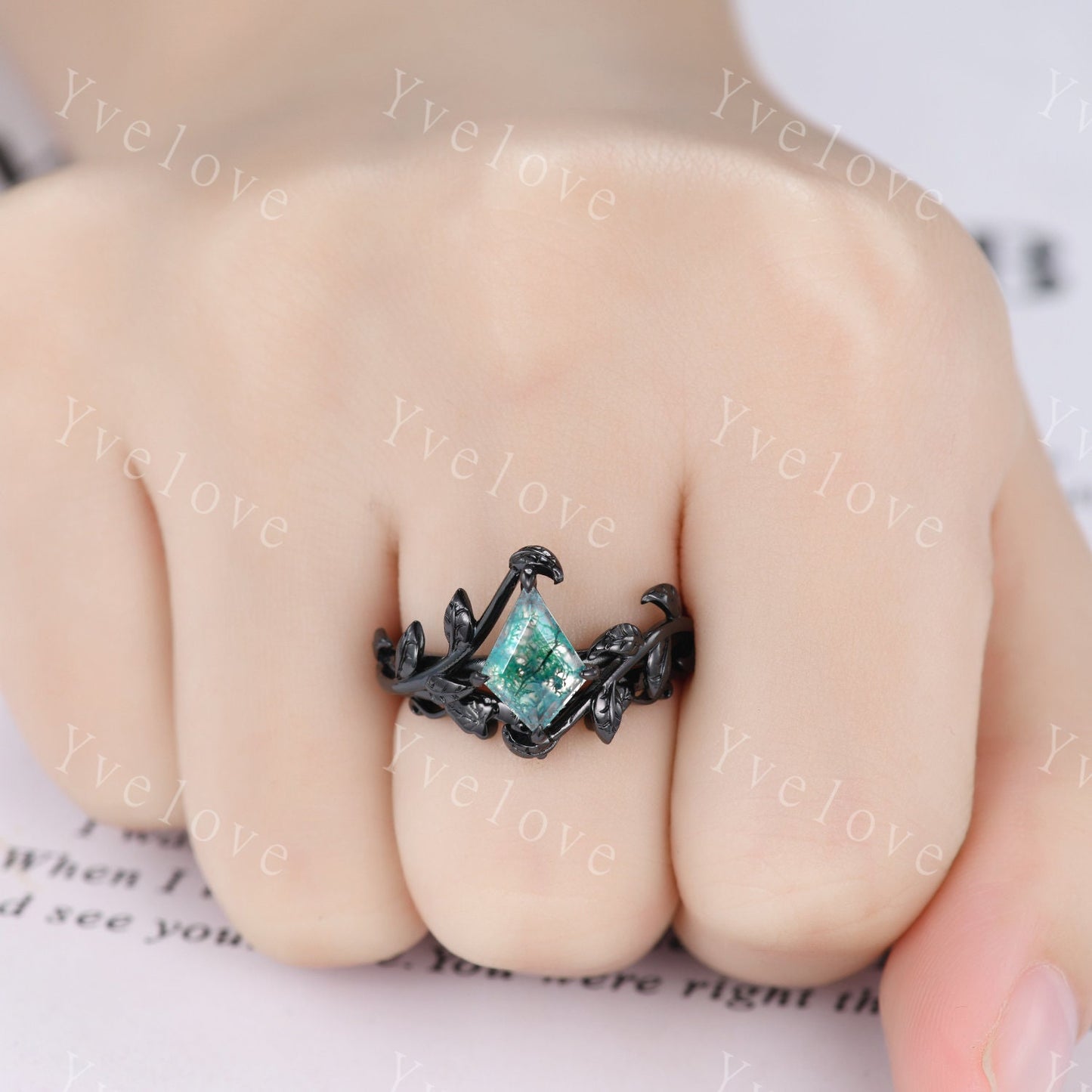 Art Deco Kite Moss Agate Ring,Vintage Twig Vine Leaf Ring,Unique Moss Agate Engagement Ring,Alexandrite Ring,Promise Anniversary Bridal Ring