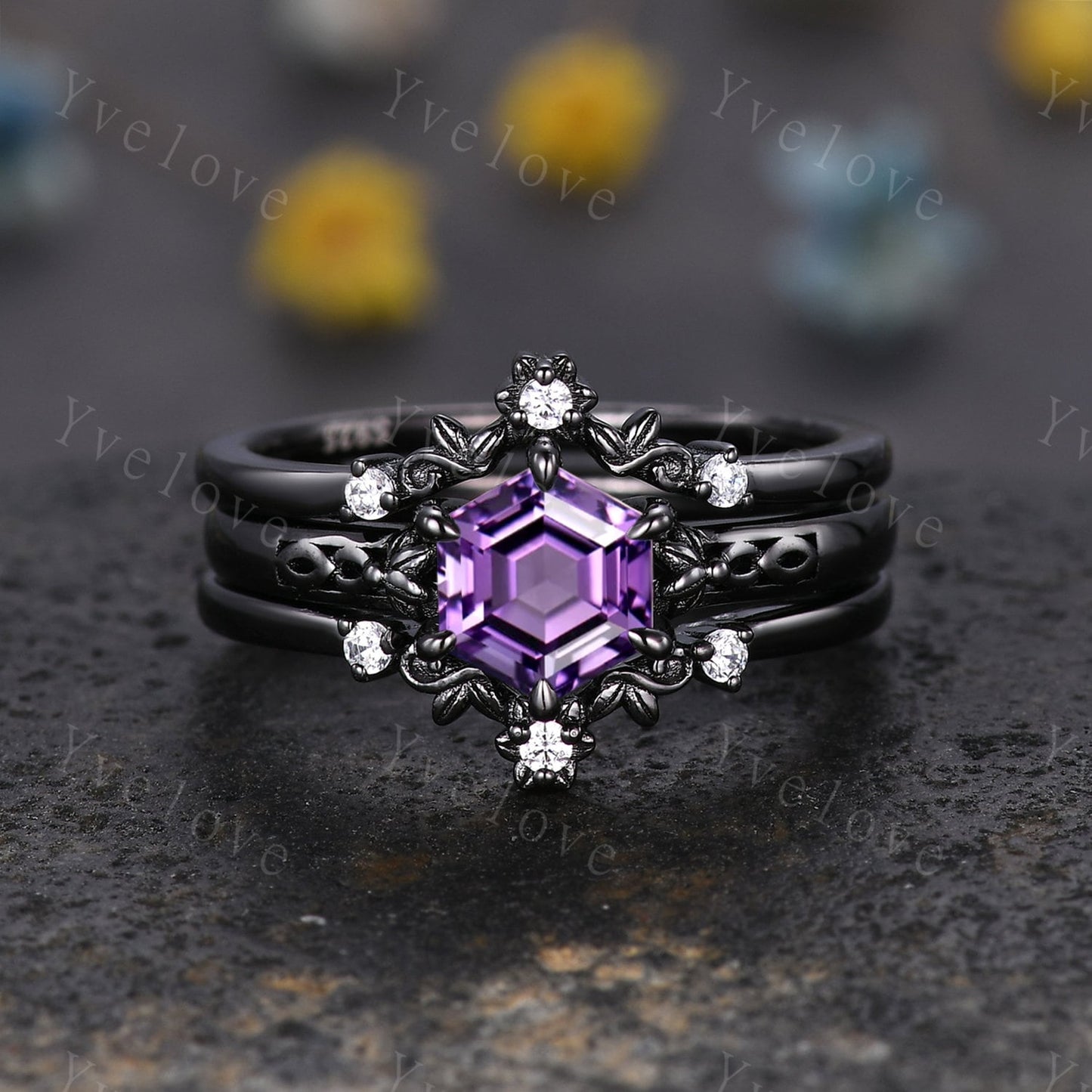 Hexagon Shaped Amethyst Engagement Ring Set Black Silver Band Vintage Amethyst Wedding Ring Enhancer Band Art Deco Bridal Set For Women