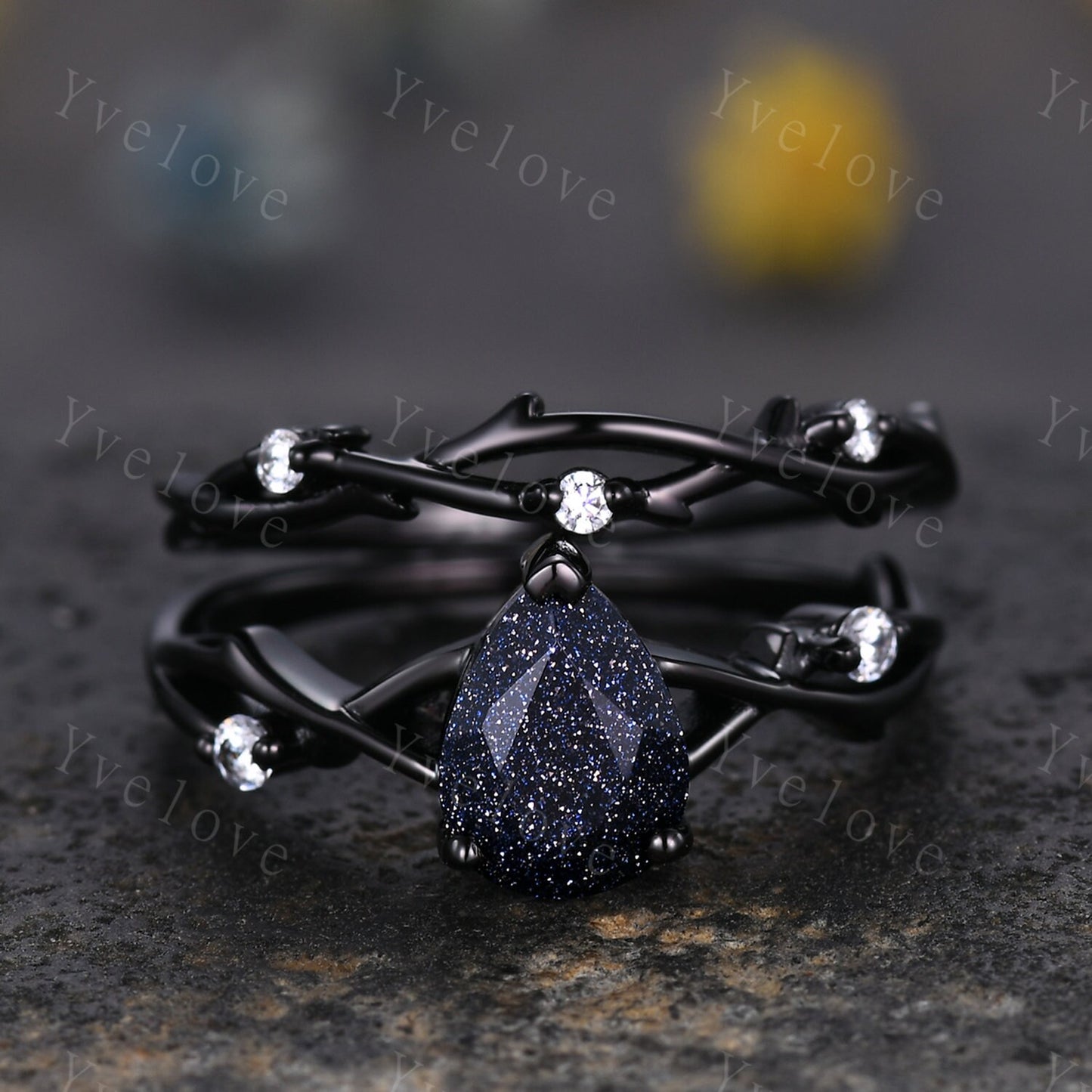 Unique Pear Blue Sandstone Engagement Ring Set,Galaxy Ring,Black Silver Ring,Outer Space Ring,Branch Twig Diamond Promise Ring Bridal Set