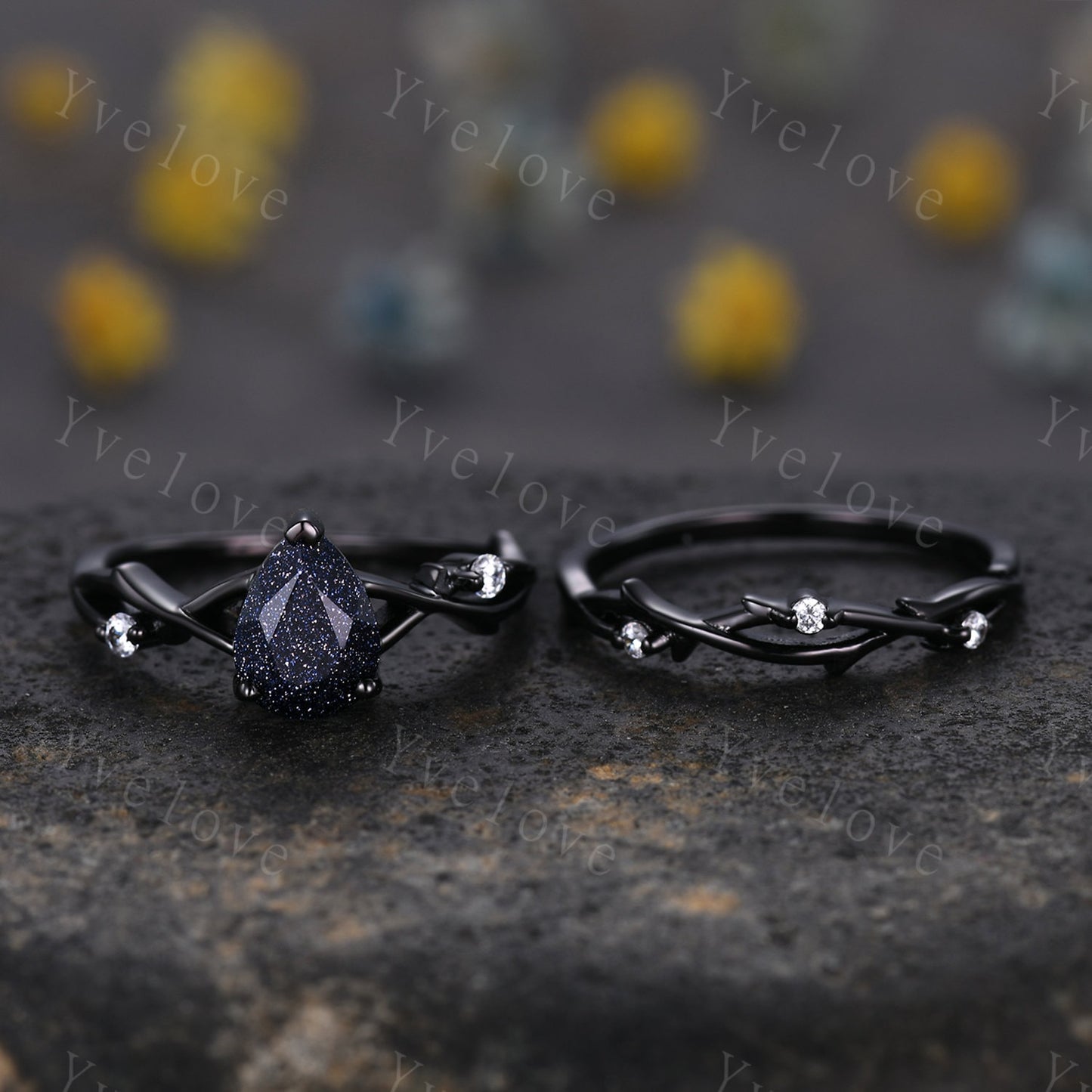 Unique Pear Blue Sandstone Engagement Ring Set,Galaxy Ring,Black Silver Ring,Outer Space Ring,Branch Twig Diamond Promise Ring Bridal Set
