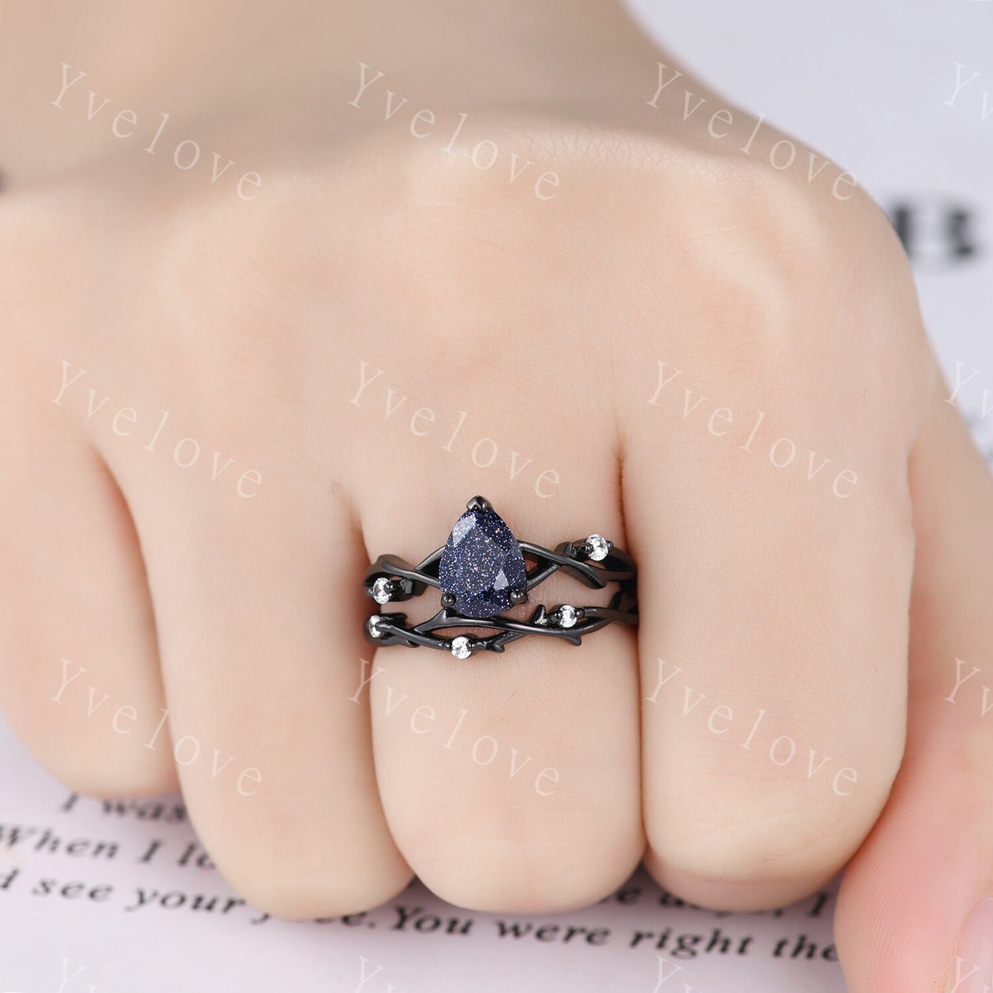 Unique Pear Blue Sandstone Engagement Ring Set,Galaxy Ring,Black Silver Ring,Outer Space Ring,Branch Twig Diamond Promise Ring Bridal Set