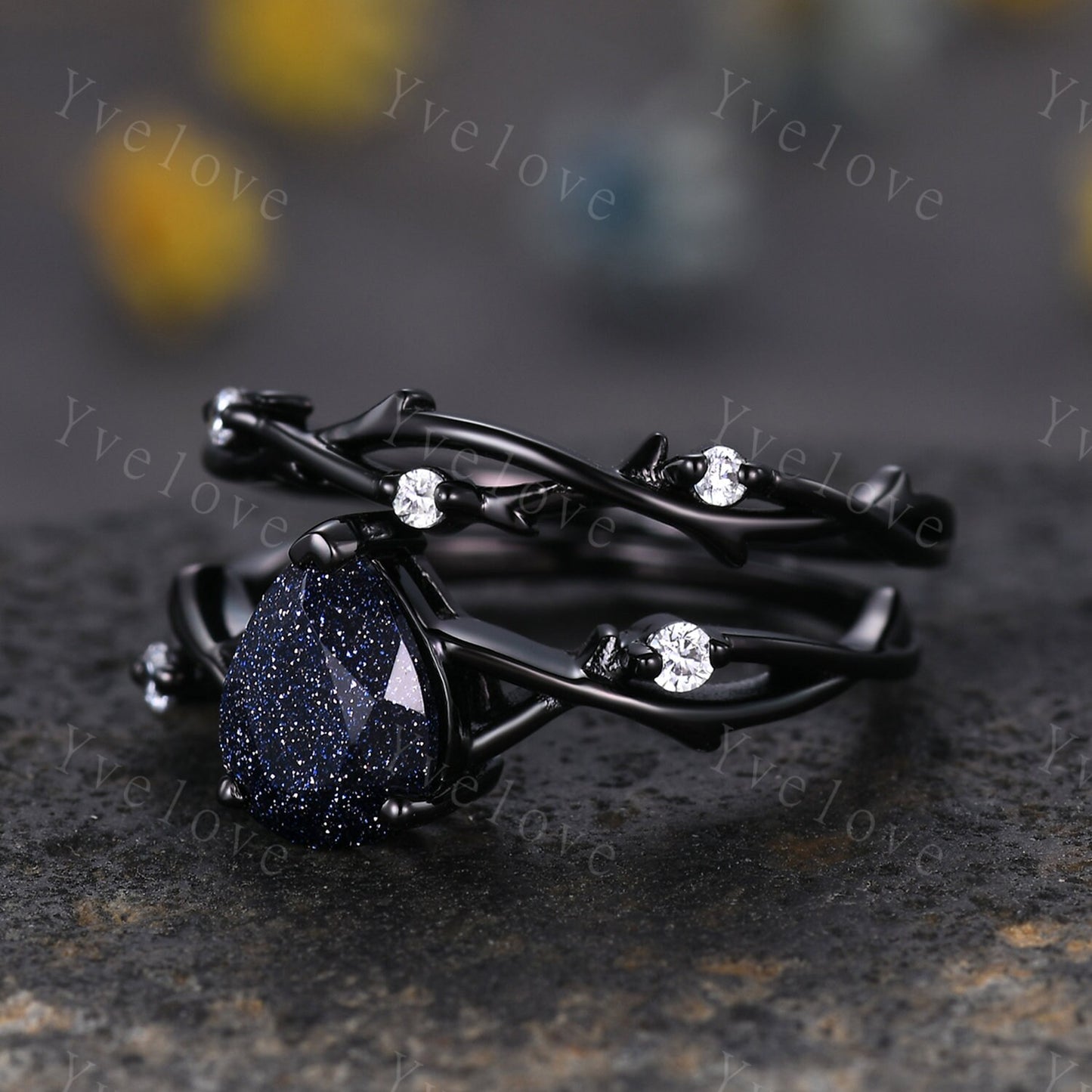 Unique Pear Blue Sandstone Engagement Ring Set,Galaxy Ring,Black Silver Ring,Outer Space Ring,Branch Twig Diamond Promise Ring Bridal Set