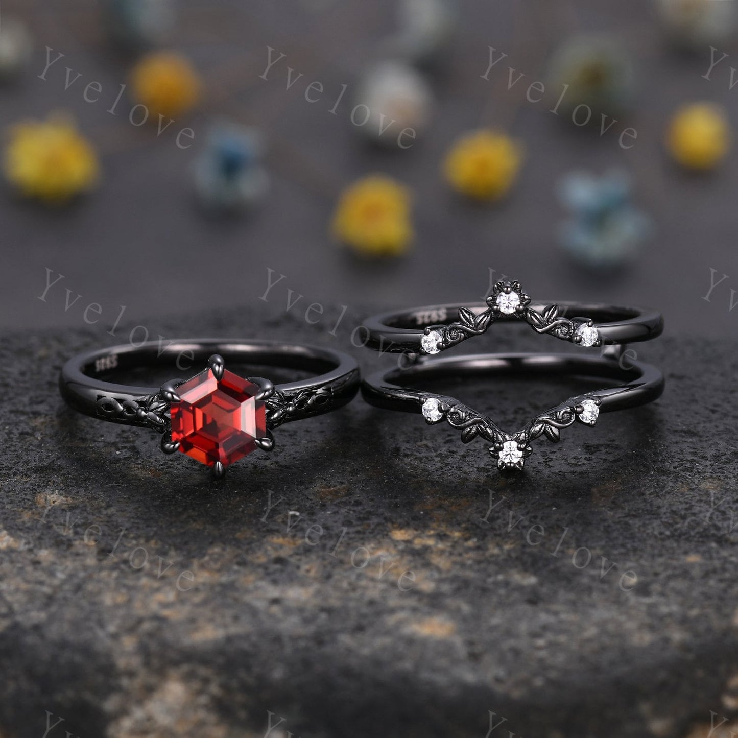 Hexagon Shaped Garnet Engagement Ring Set 925 Black Silver Vintage Red Garnet Wedding Ring Enhancer Band Art Deco Bridal  Ring Set For Women