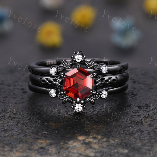 Hexagon Shaped Garnet Engagement Ring Set 925 Black Silver Vintage Red Garnet Wedding Ring Enhancer Band Art Deco Bridal  Ring Set For Women
