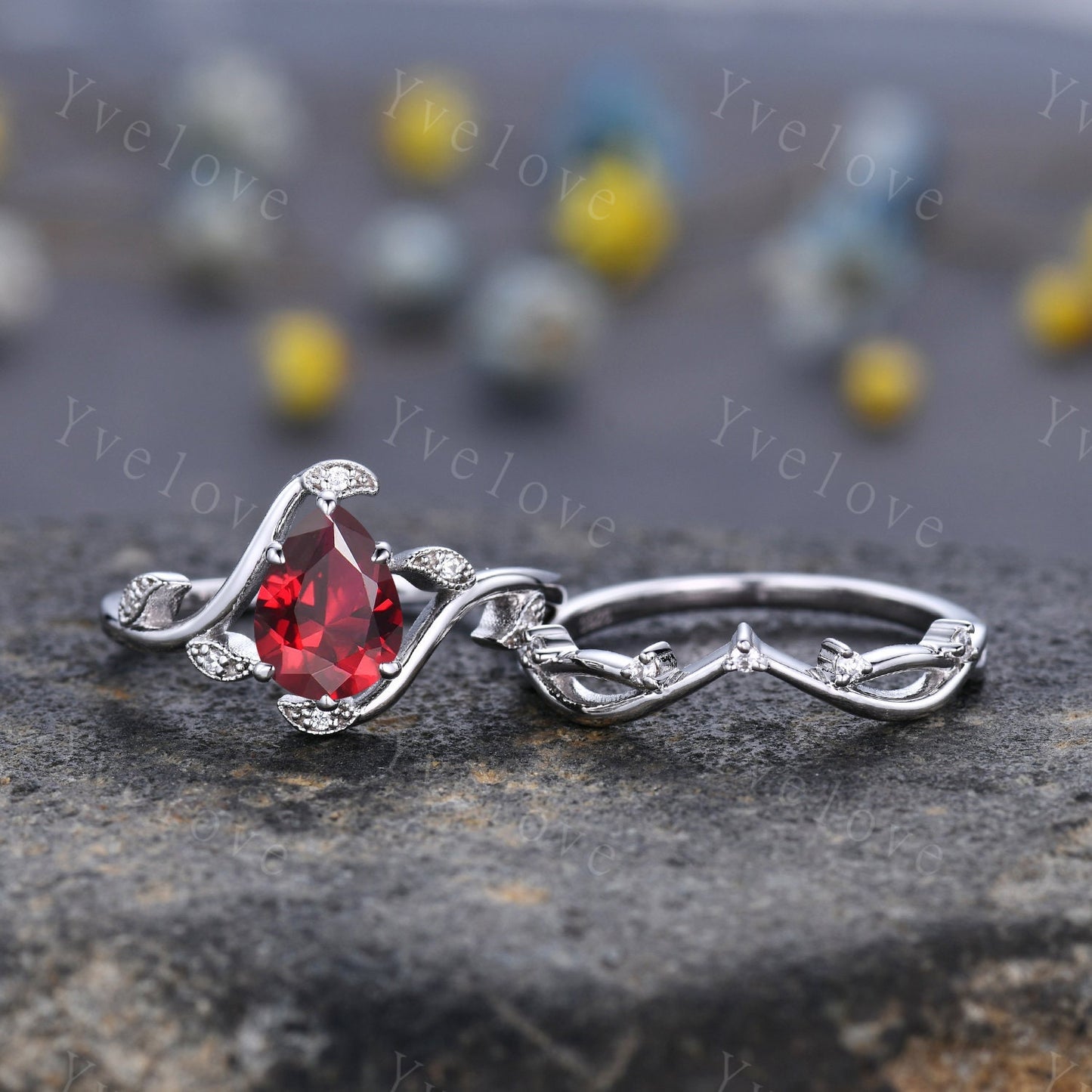 Retro Teardrop Red Garnet Ring,Vintage Sterling Silver Ring Set,Unique Garnet Engagement Ring,Promise Ring,Anniversary Bridal Gift,Custom