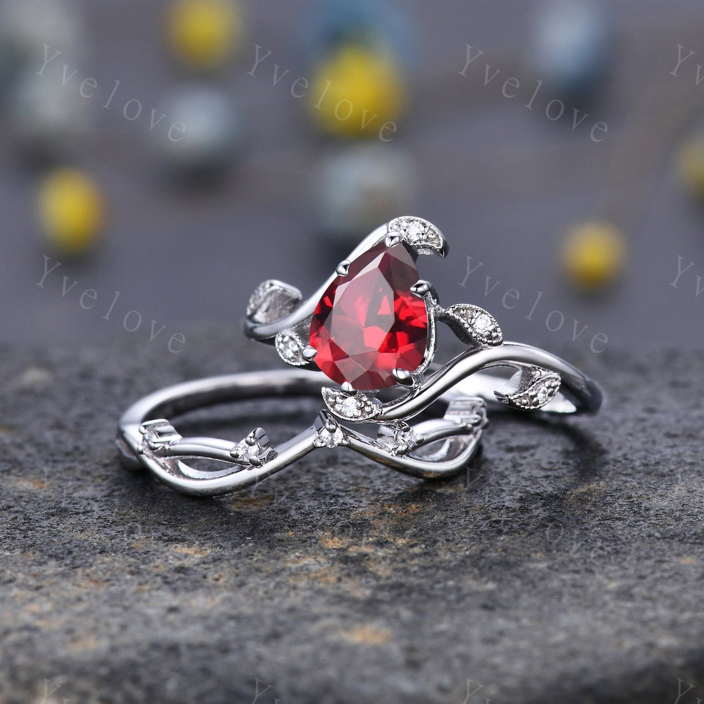 Retro Teardrop Red Garnet Ring,Vintage Sterling Silver Ring Set,Unique Garnet Engagement Ring,Promise Ring,Anniversary Bridal Gift,Custom
