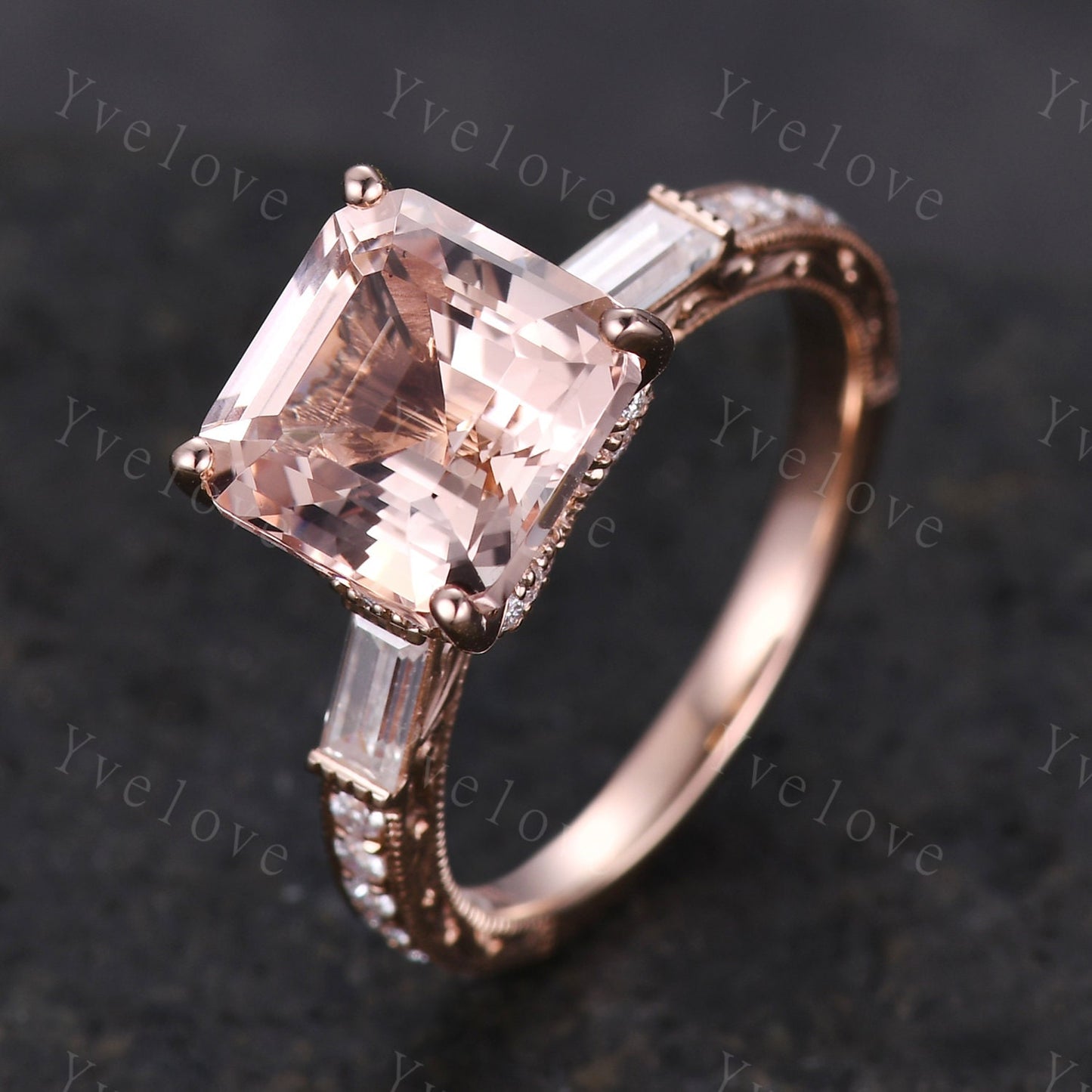 Asscher cut pink morganite engagement ring art deco natural gemstone baguette diamond wedding band 14k rose gold hand carved milgrain Ring