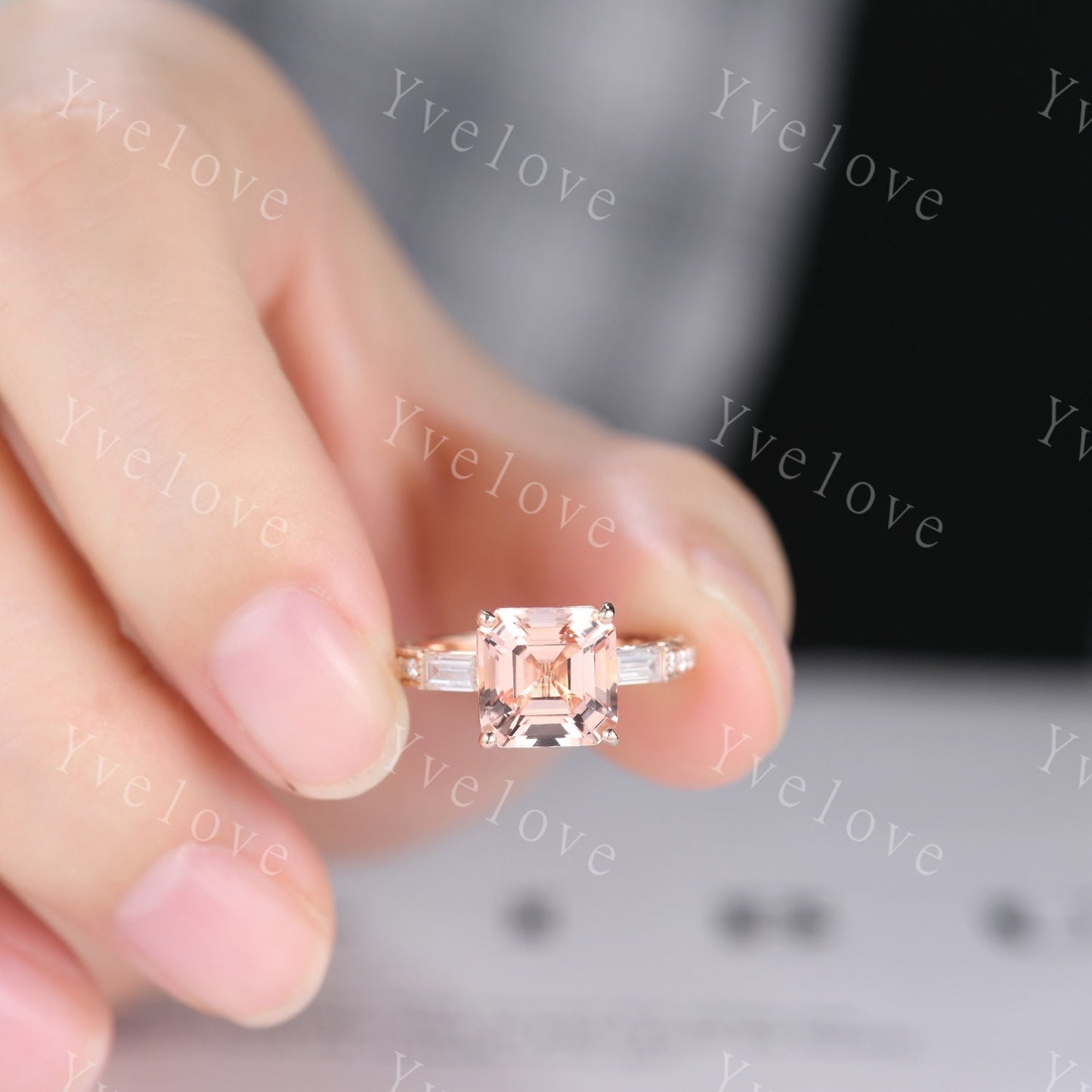 Asscher cut pink morganite engagement ring art deco natural gemstone baguette diamond wedding band 14k rose gold hand carved milgrain Ring
