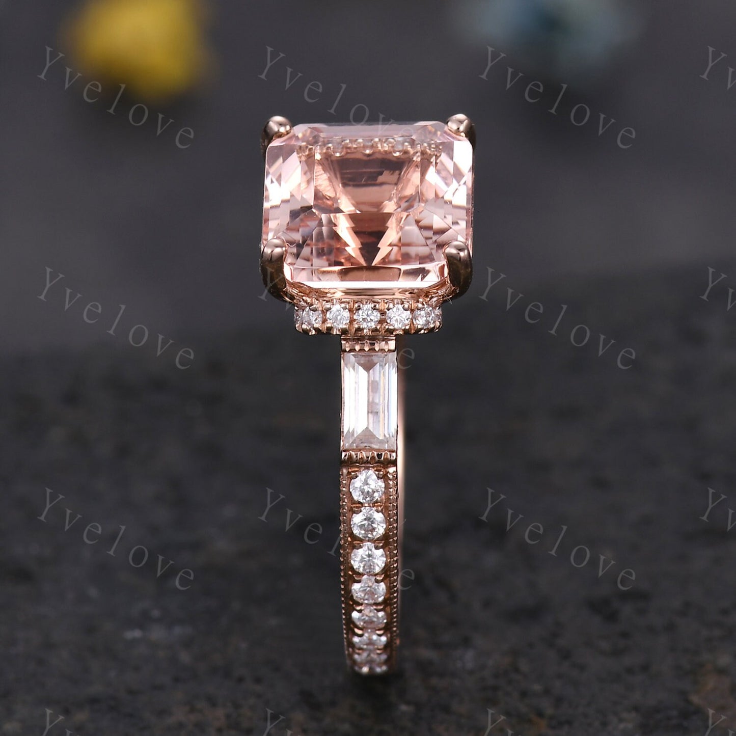 Asscher cut pink morganite engagement ring art deco natural gemstone baguette diamond wedding band 14k rose gold hand carved milgrain Ring