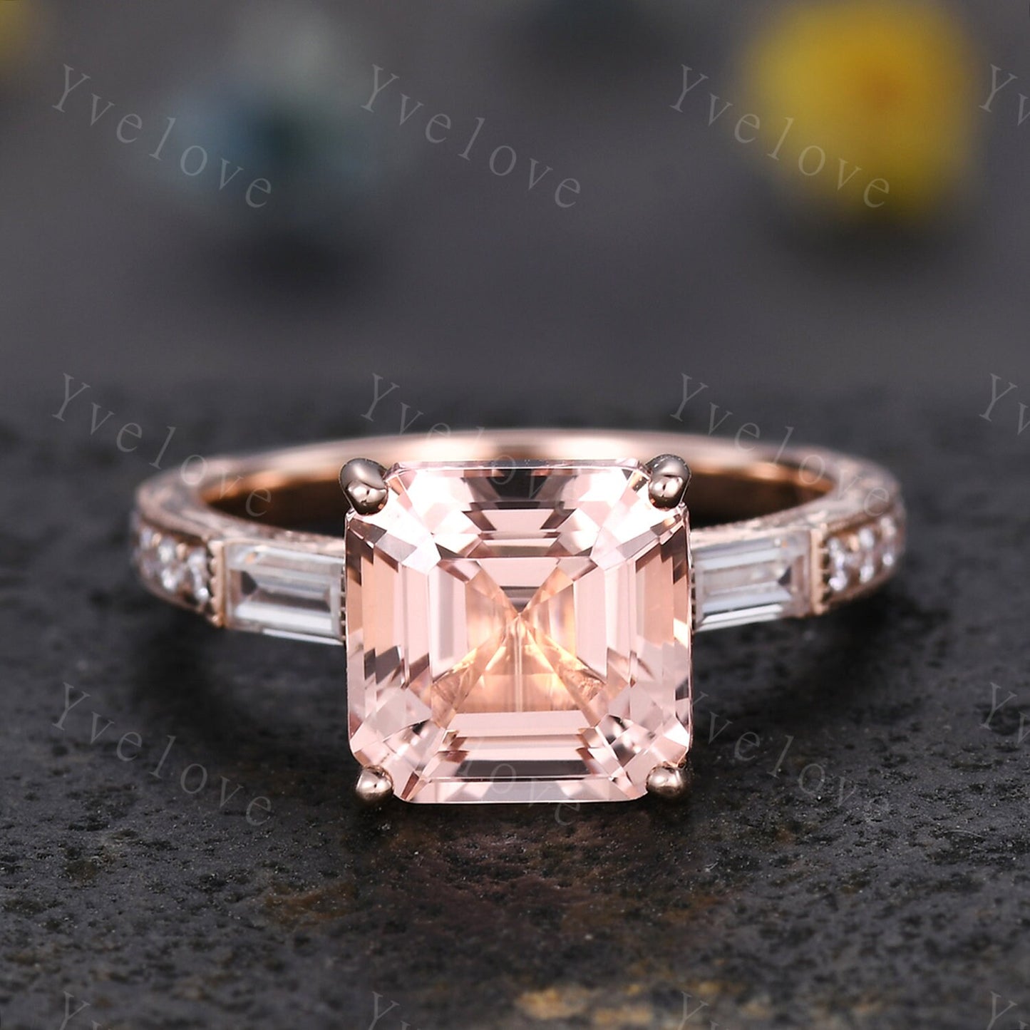 Asscher cut pink morganite engagement ring art deco natural gemstone baguette diamond wedding band 14k rose gold hand carved milgrain Ring