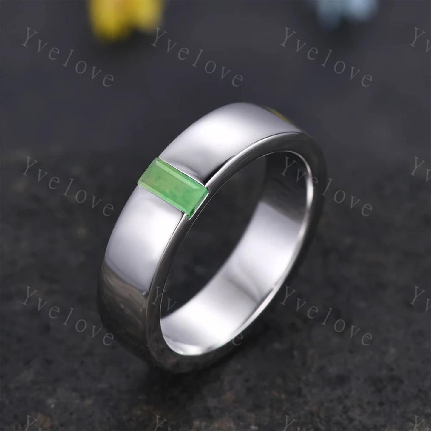 Mens Jade Wedding Band Baguette Cut Green Jade Band 5mm Solid Gold Ring Mens Solitaire Stacking Matching Band Retro Vintage Ring Gift