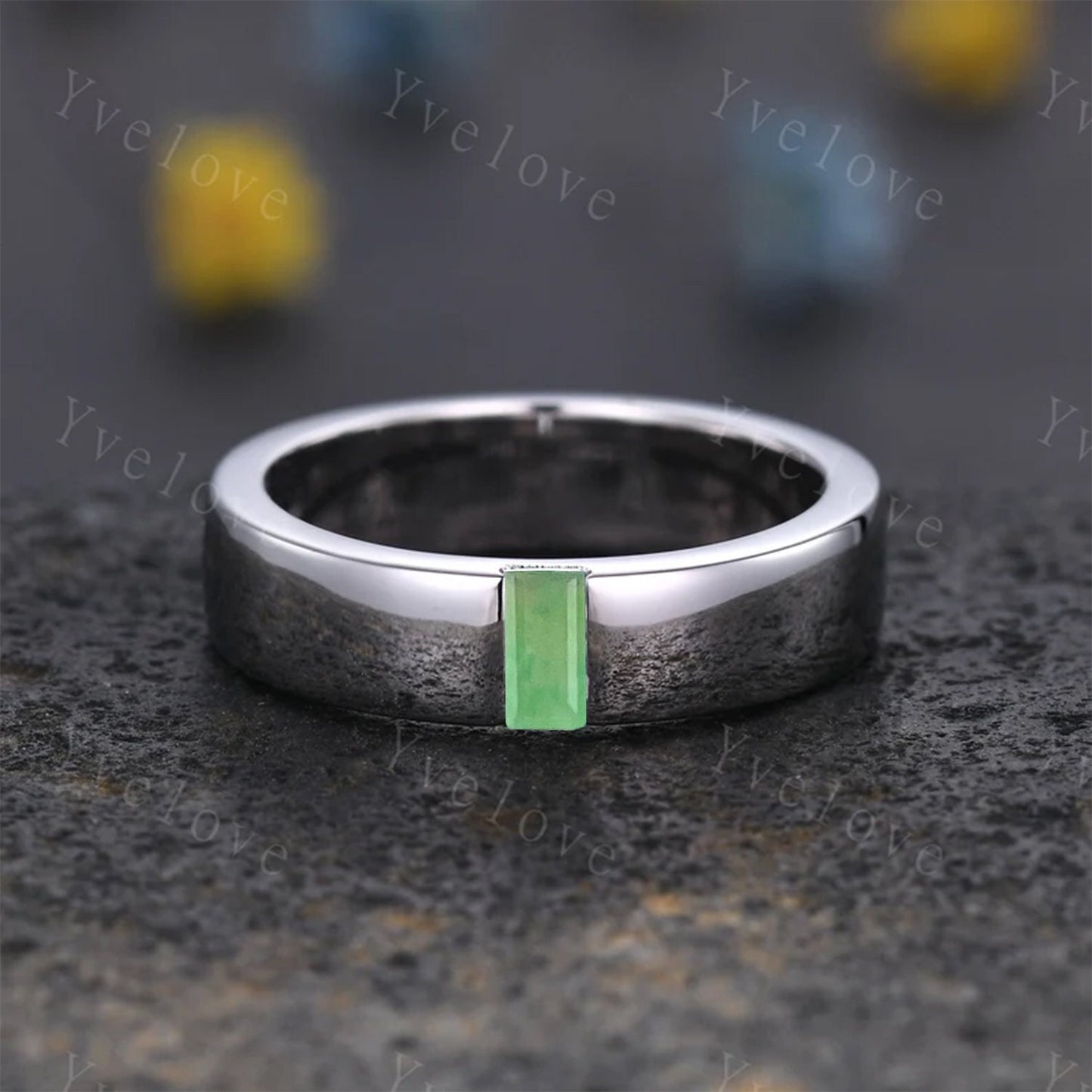 Mens Jade Wedding Band Baguette Cut Green Jade Band 5mm Solid Gold Ring Mens Solitaire Stacking Matching Band Retro Vintage Ring Gift