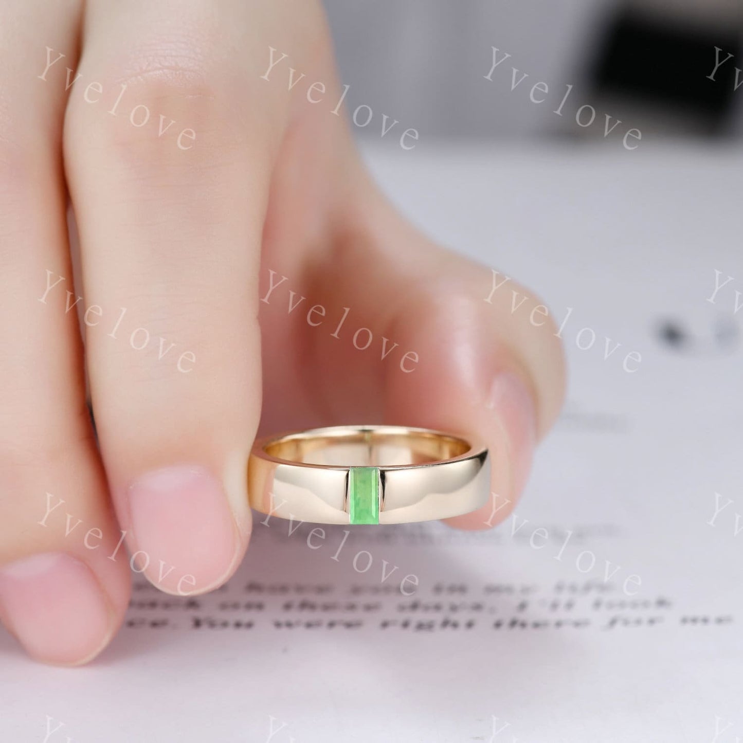 Mens Jade Wedding Band Baguette Cut Green Jade Band 5mm Solid Gold Ring Mens Solitaire Stacking Matching Band Retro Vintage Ring Gift