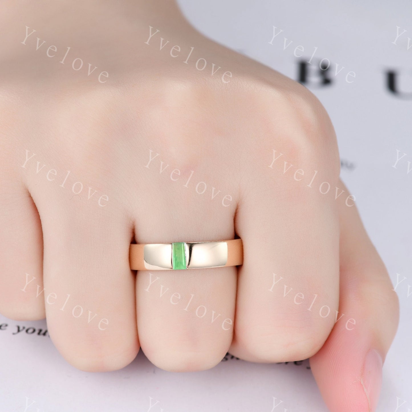 Mens Jade Wedding Band Baguette Cut Green Jade Band 5mm Solid Gold Ring Mens Solitaire Stacking Matching Band Retro Vintage Ring Gift