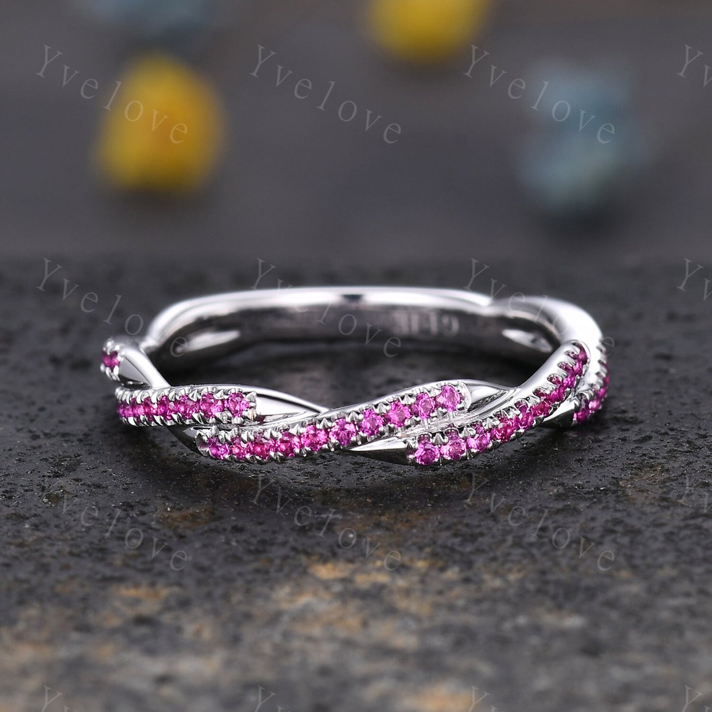 Natural ruby ring,red ruby wedding band twisted shape eternity ring 14k white gold engagement ring stacking matching band Valentine gift