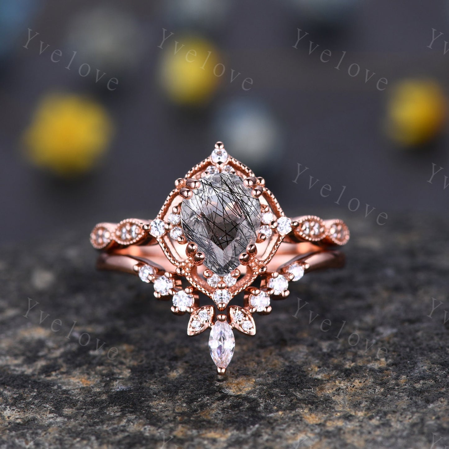 Vintage Black Rutilate Quartz Engagement Ring,Pear Black Quartz Ring Set,14k Gold Ring,Unique Women Moissanite Promise Ring For Her,Handmade