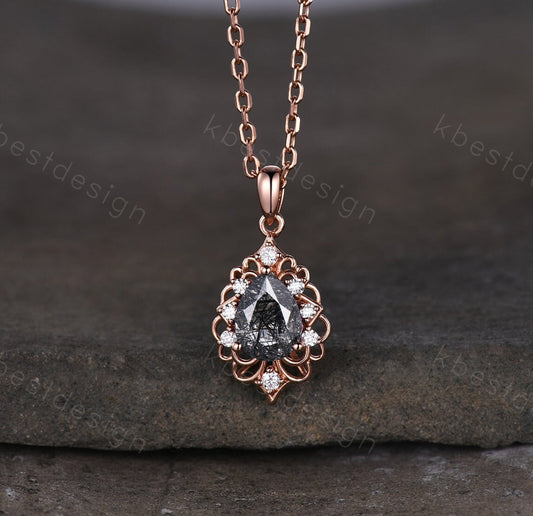 Vintage 1.5CT Black Rutilated Quartz Necklace, Rose Gold Pear cut Pendant, Black Gemstone Jewelry, Unique Art Deco Bridal Promise Gift