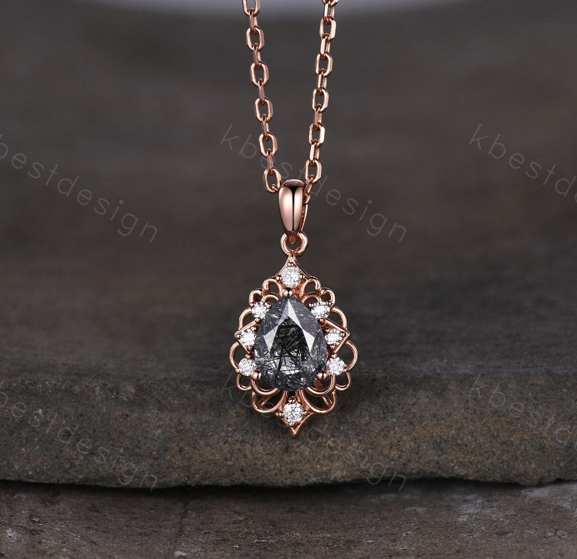 Vintage 1.5CT Black Rutilated Quartz Necklace, Rose Gold Pear cut Pendant, Black Gemstone Jewelry, Unique Art Deco Bridal Promise Gift