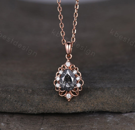 Vintage 1.5CT Black Rutilated Quartz Necklace, Rose Gold Pear cut Pendant, Black Gemstone Jewelry, Unique Art Deco Bridal Promise Gift
