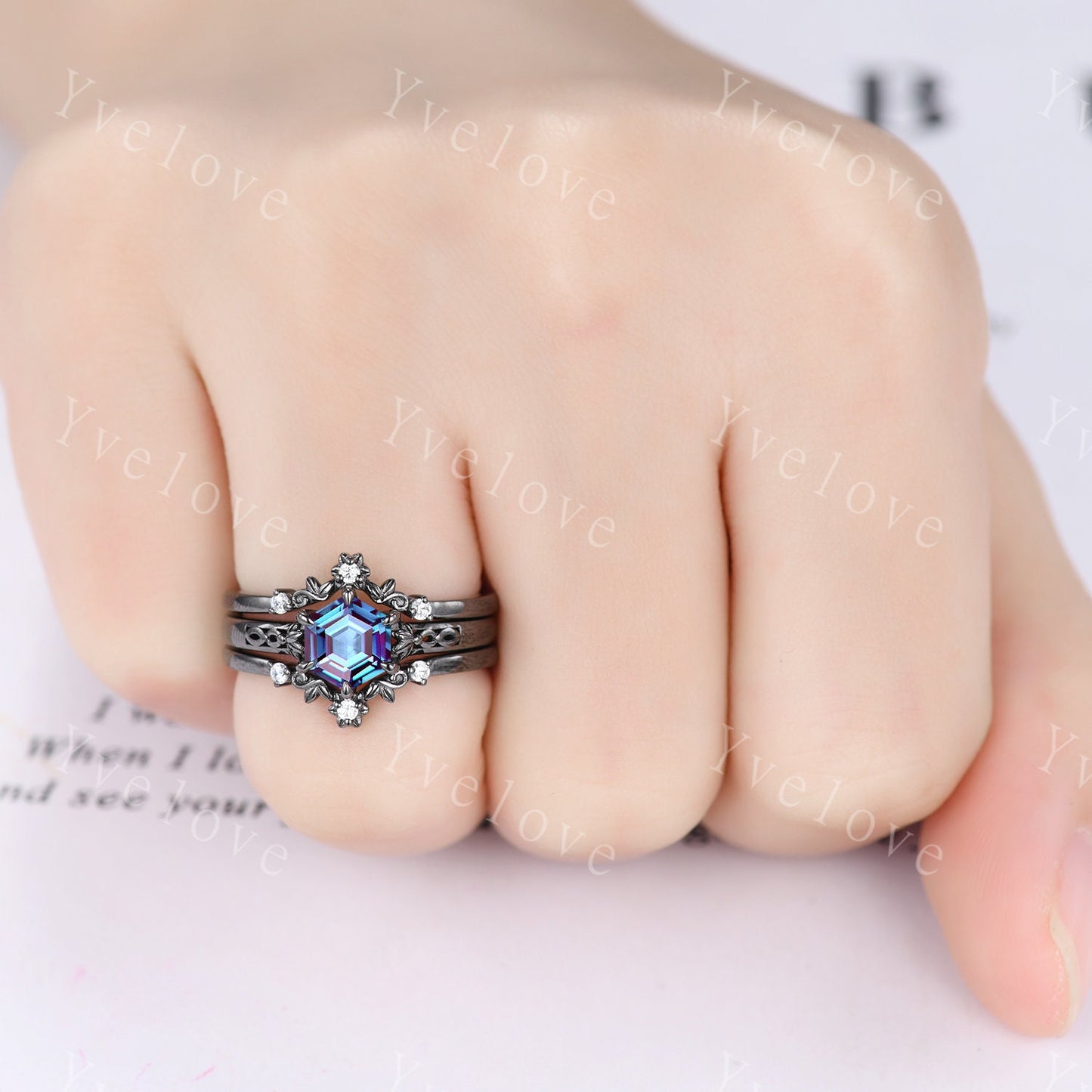 Hexagon Shaped Alexandrite Engagement Ring Set Black Silver Band Vintage Moissanite Wedding Ring Enhancer Band Art Deco Women Bridal Set