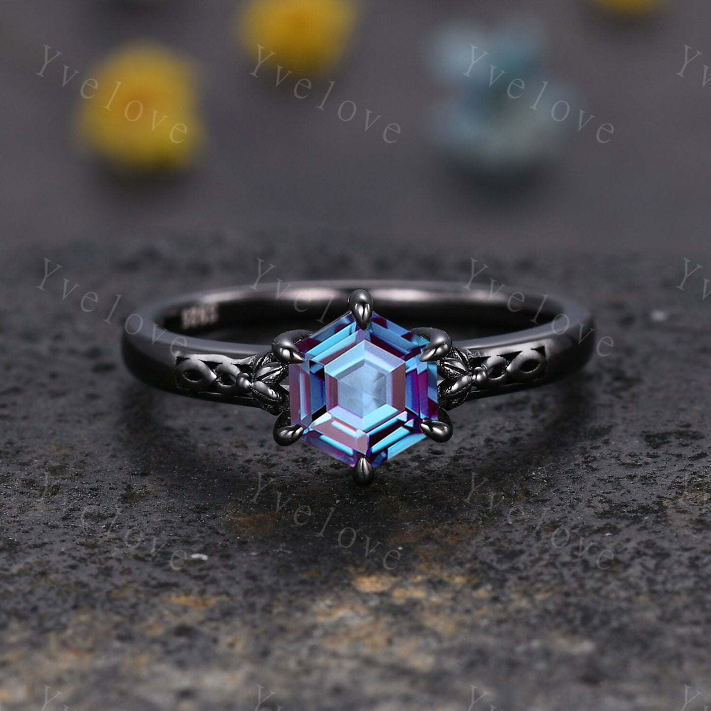 Hexagon Shaped Alexandrite Engagement Ring Set Black Silver Band Vintage Moissanite Wedding Ring Enhancer Band Art Deco Women Bridal Set