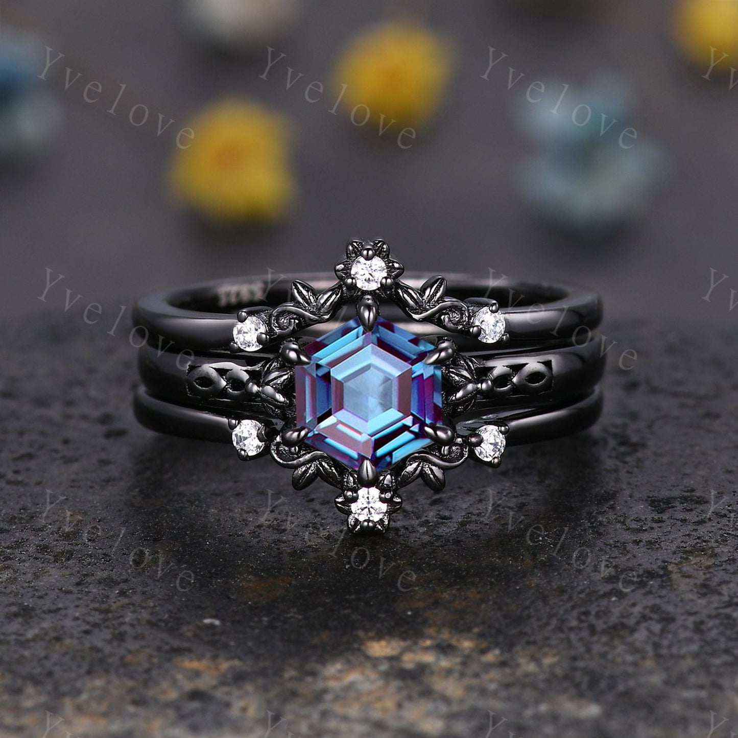 Hexagon Shaped Alexandrite Engagement Ring Set Black Silver Band Vintage Moissanite Wedding Ring Enhancer Band Art Deco Women Bridal Set