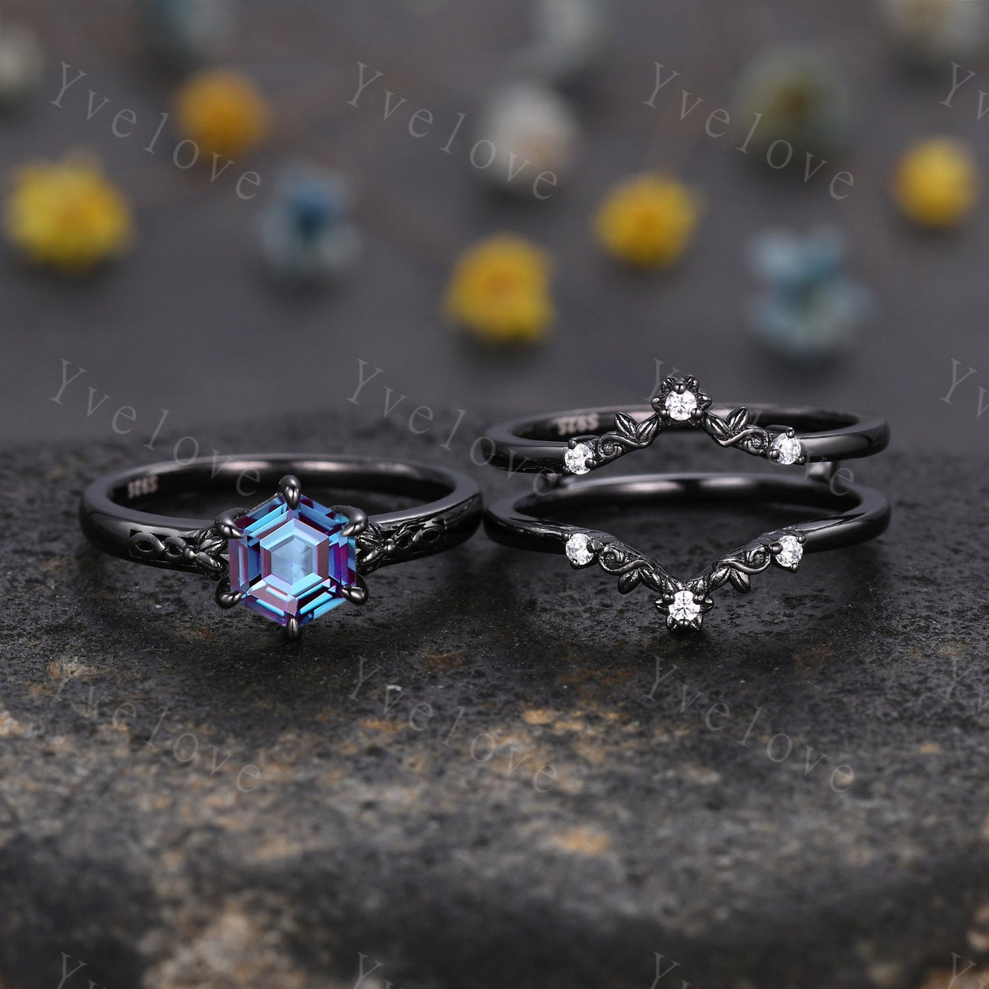 Hexagon Shaped Alexandrite Engagement Ring Set Black Silver Band Vintage Moissanite Wedding Ring Enhancer Band Art Deco Women Bridal Set