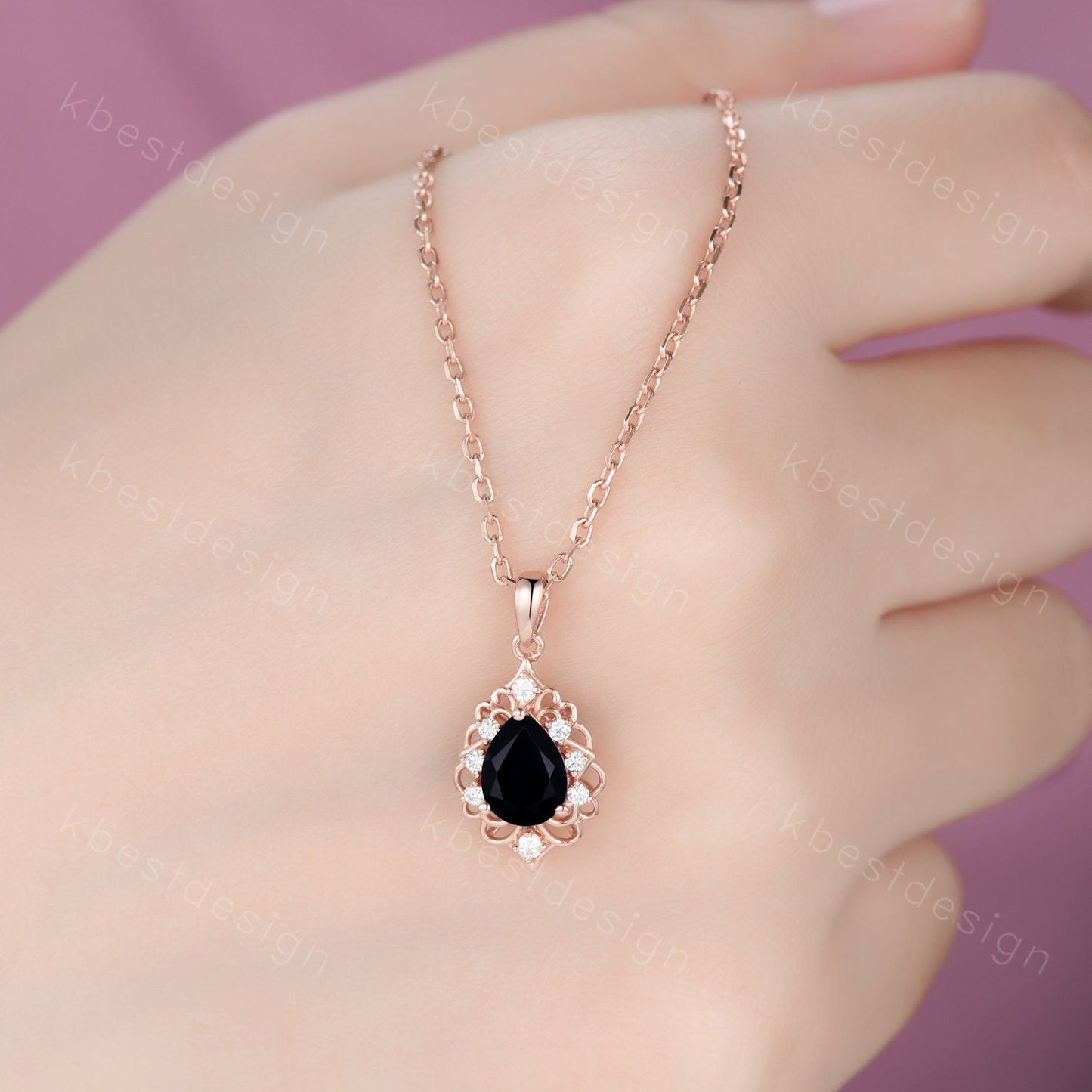 Vintage 1.5CT Black Onyx Necklace, Rose Gold Pear cut Black Onyx Pendant, Black Gemstone Jewelry, Unique Art Deco Bridal Promise Gift